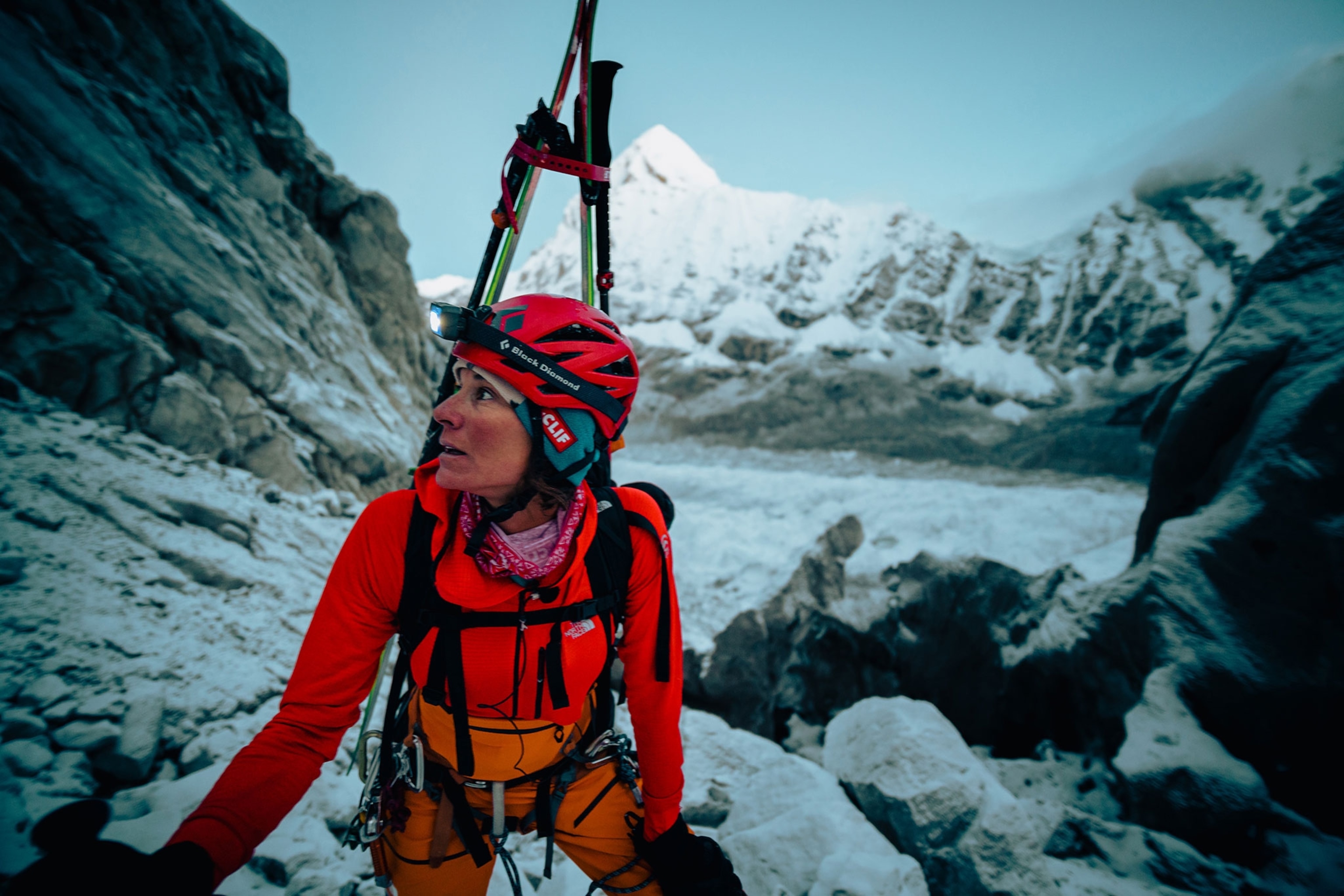 Hilaree Nelson and Jim Morrison climbing skiing down Lhotse in Nepal