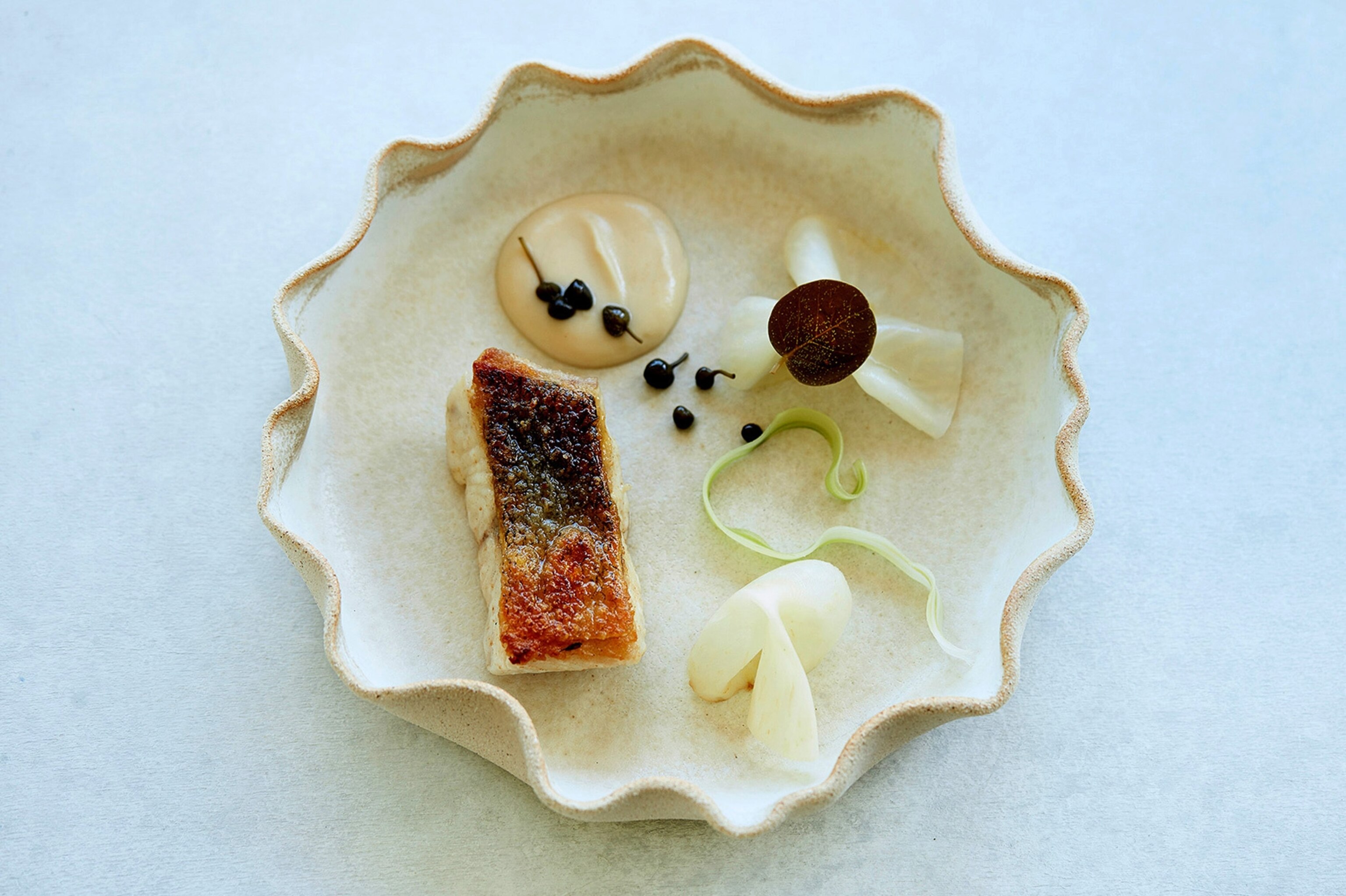 A dish of Pike perch, Celeriac, Caper leaves, Capers and Celery prepared by the Krone Saumereiam Inn.