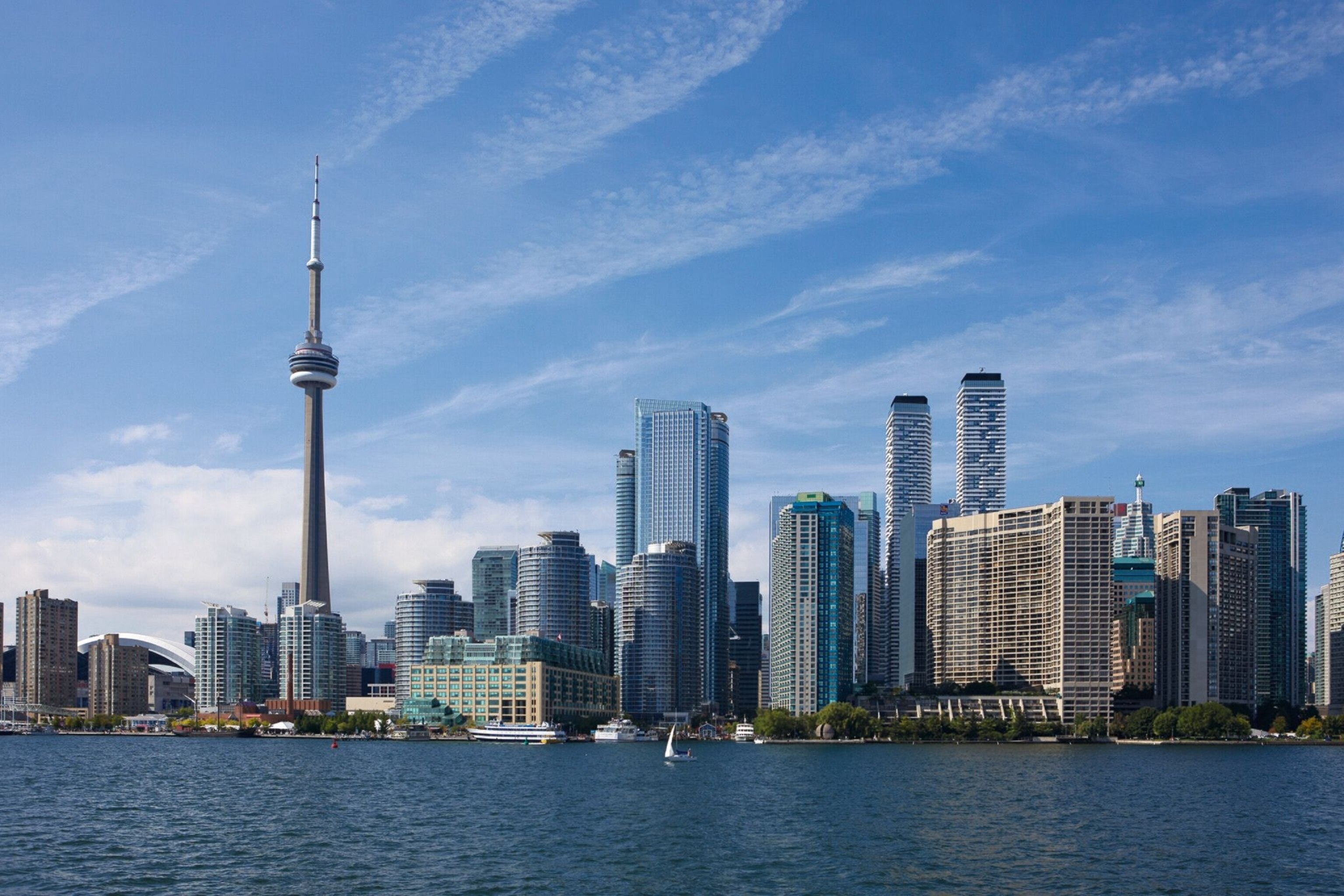 A classic view of the Toronto skyline from the ocean.