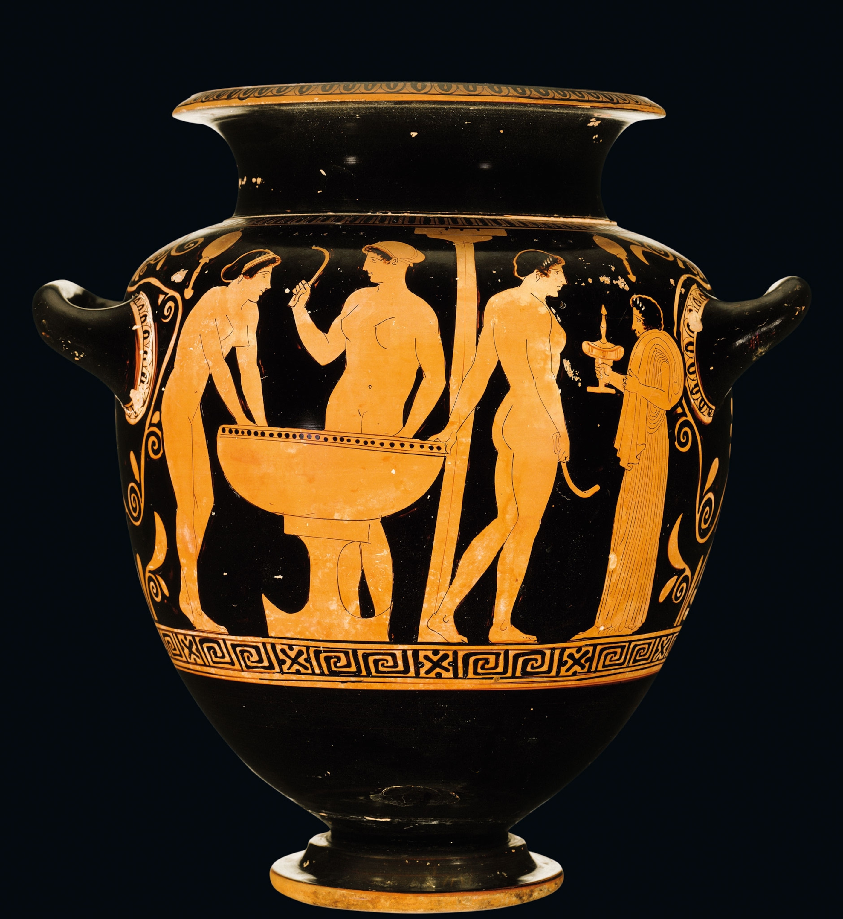 a fifth-century B.C. water vessel featuring nude women washing in a basin