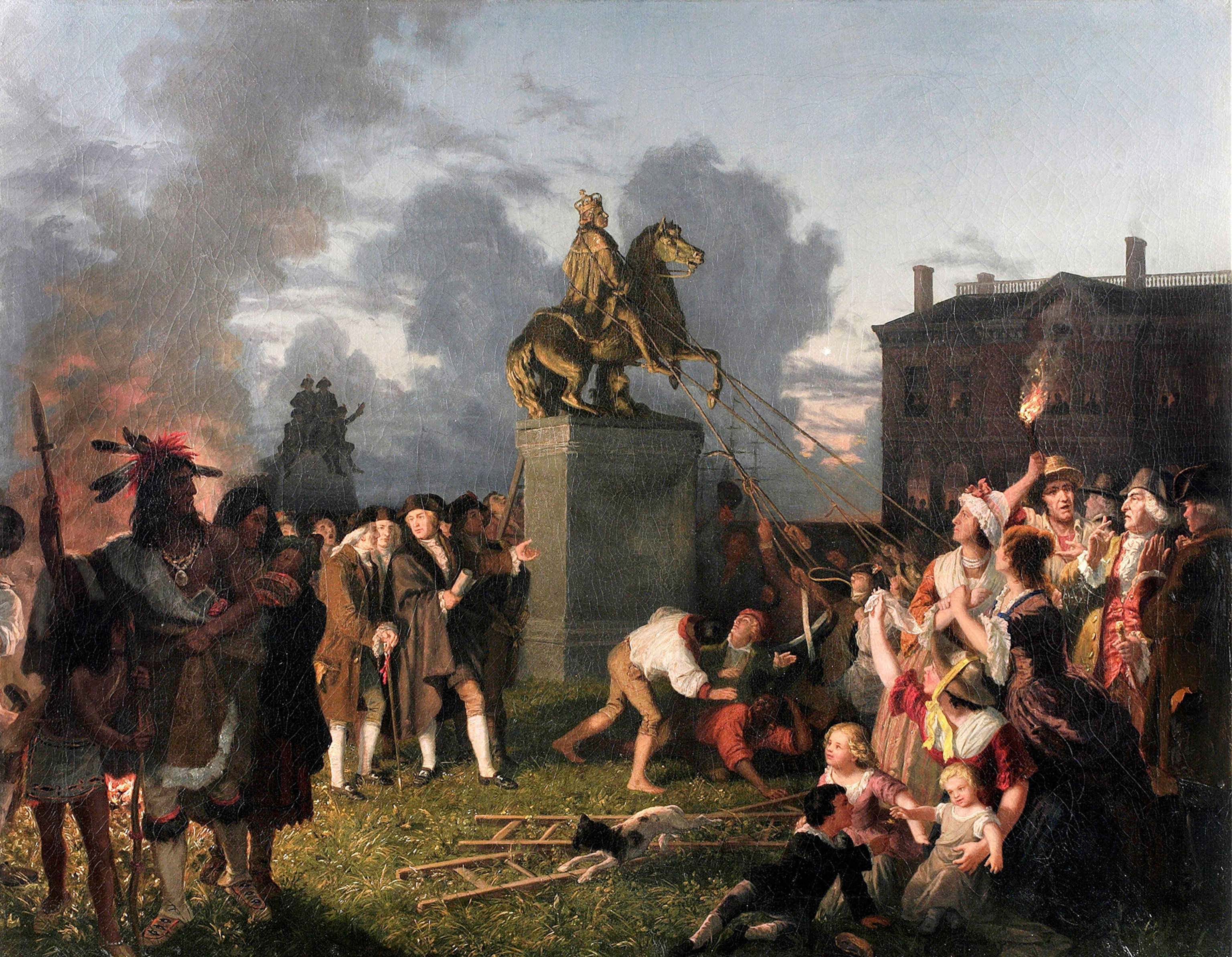 A circa 1852 oil painting by Johannes Adam Simon Oertel shows crowds pulling down the statue of King George III in New York City.