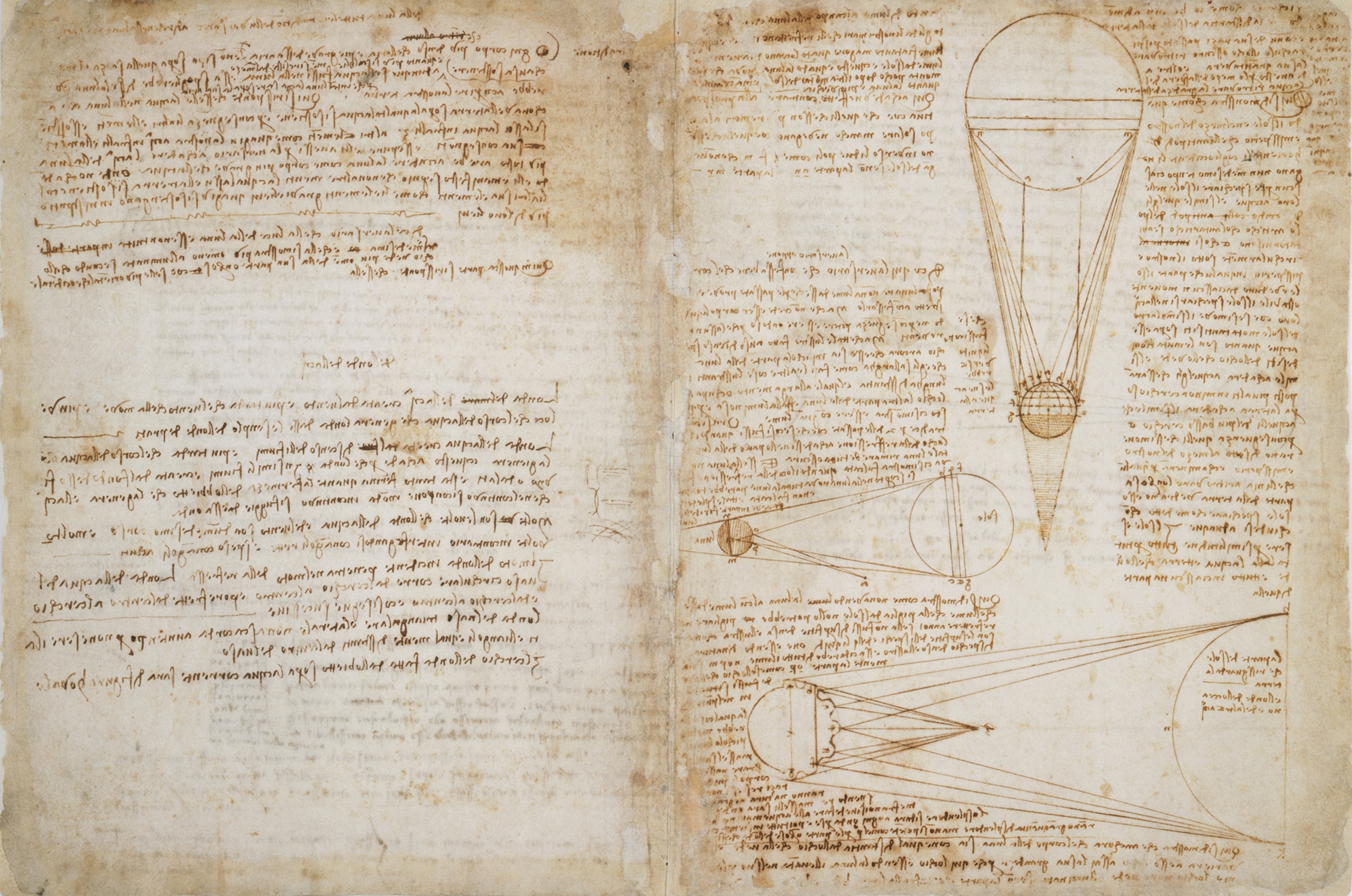 Sheet 1A of Leonardo da Vinci's Codex Leicester discussing the moon's brightness relative to that of the sun.