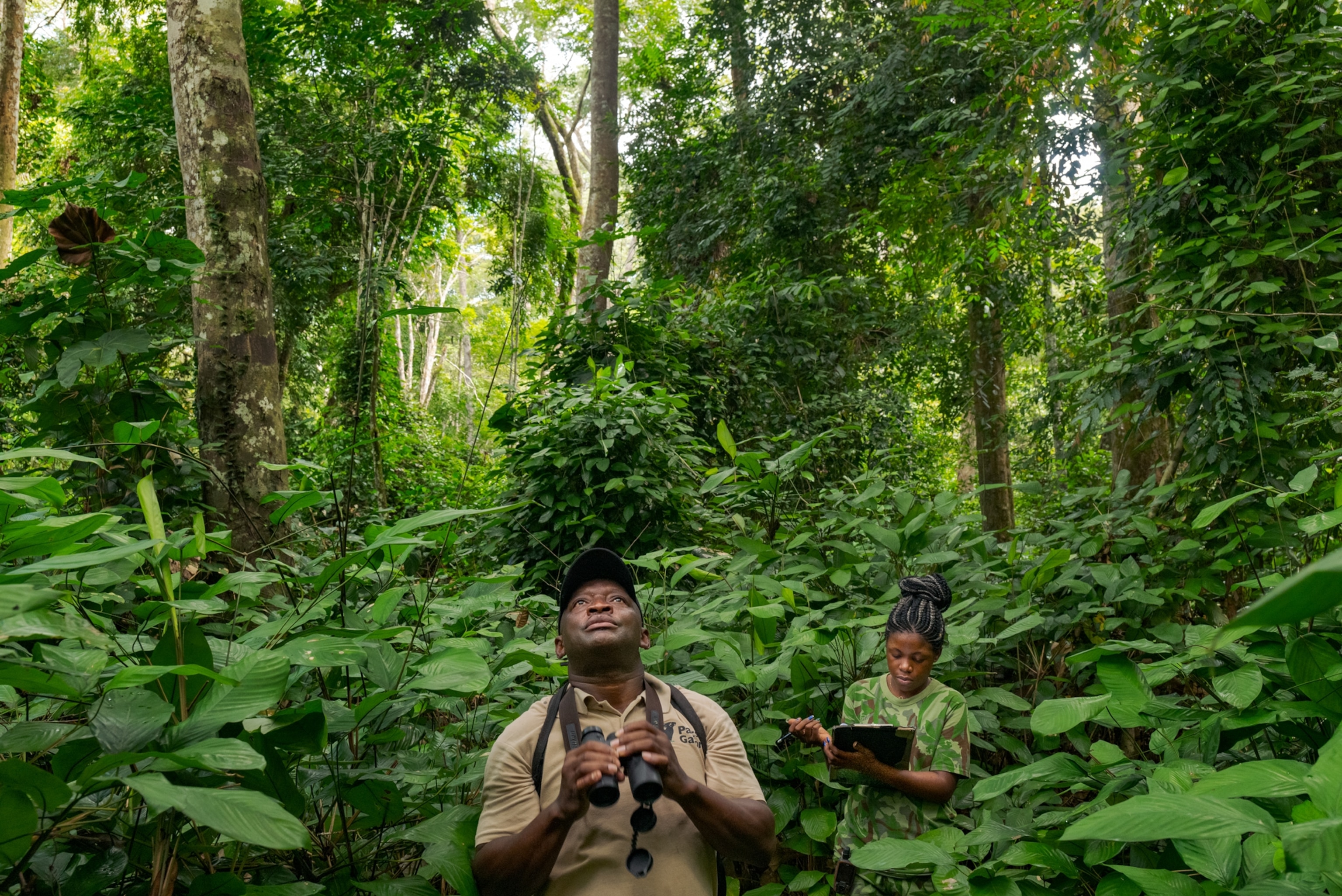 Picture of man with binocular looking up and woman writing in notebook.