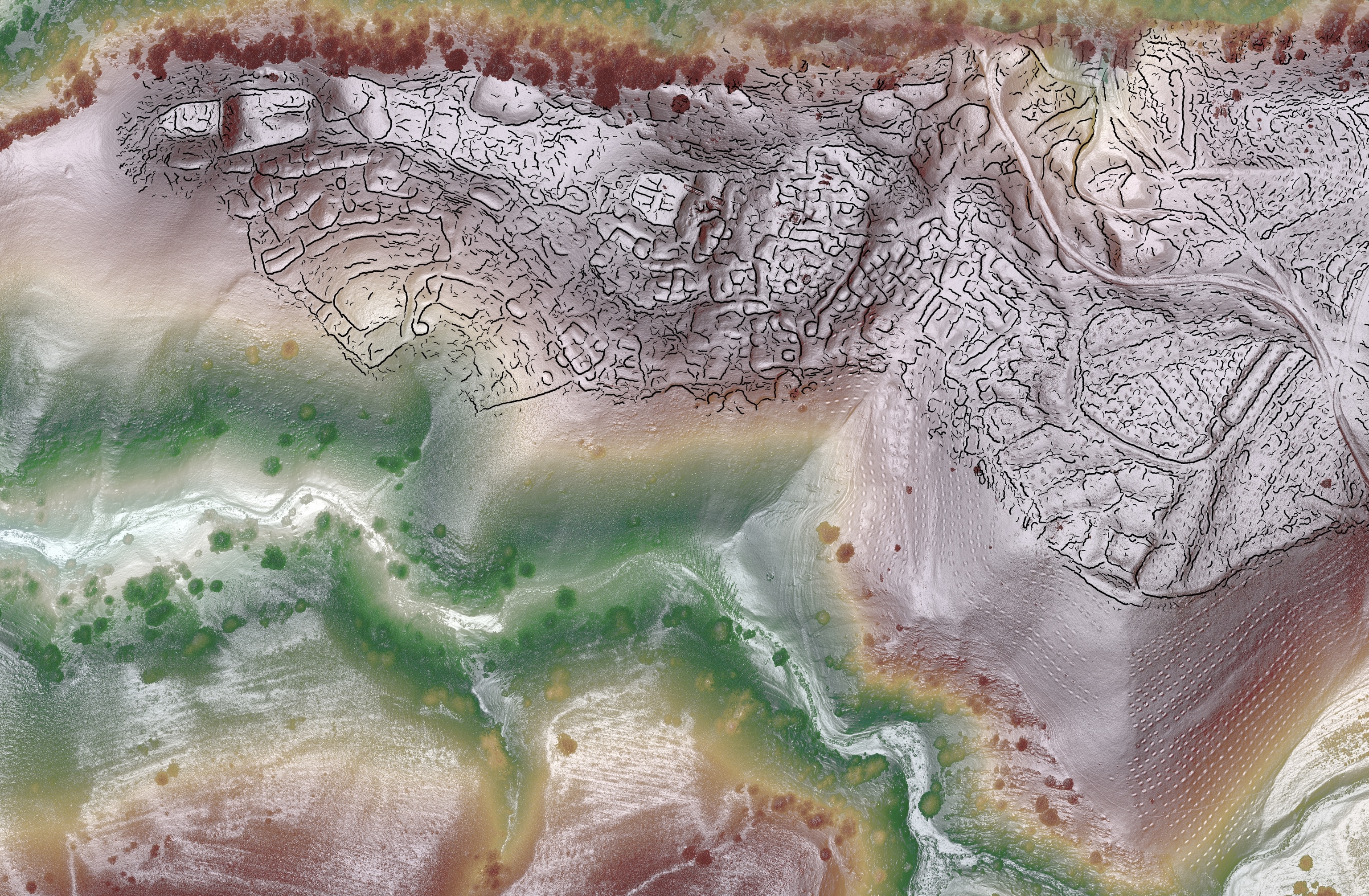 Multi-colored aerial scan of a mountain range from above.