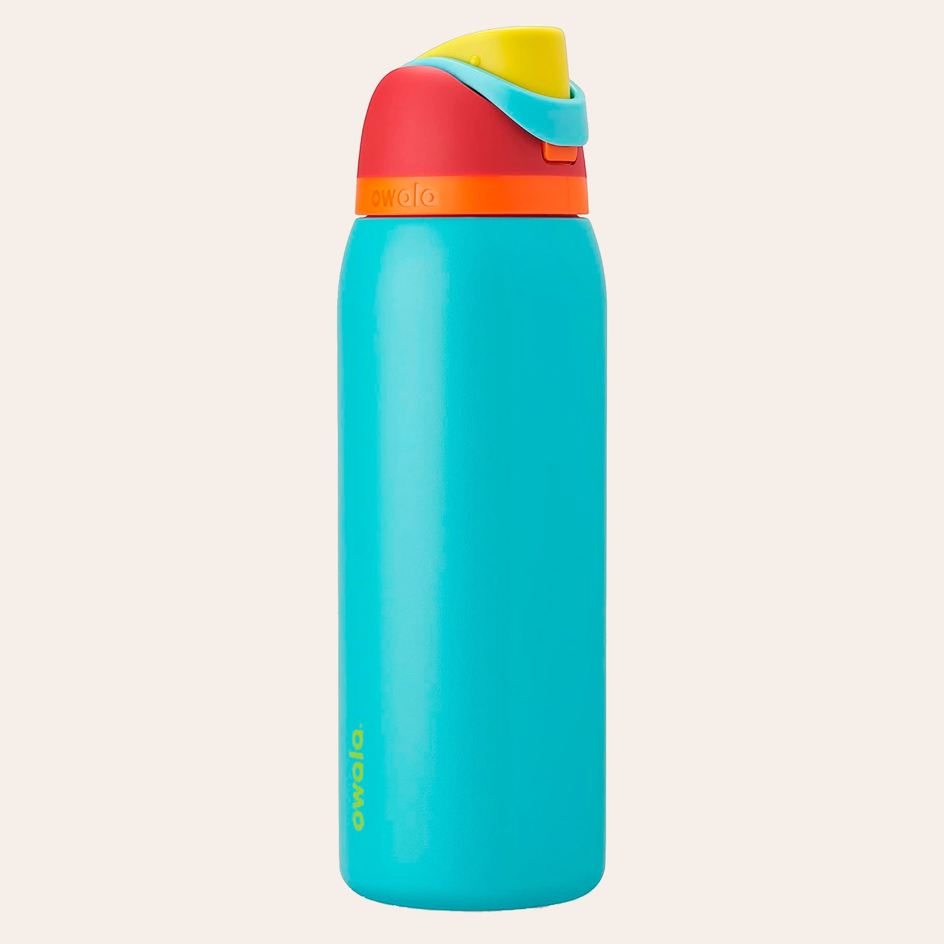 A 40oz water bottle with a blue body and a red, yellow, and blue top with built in straw.
