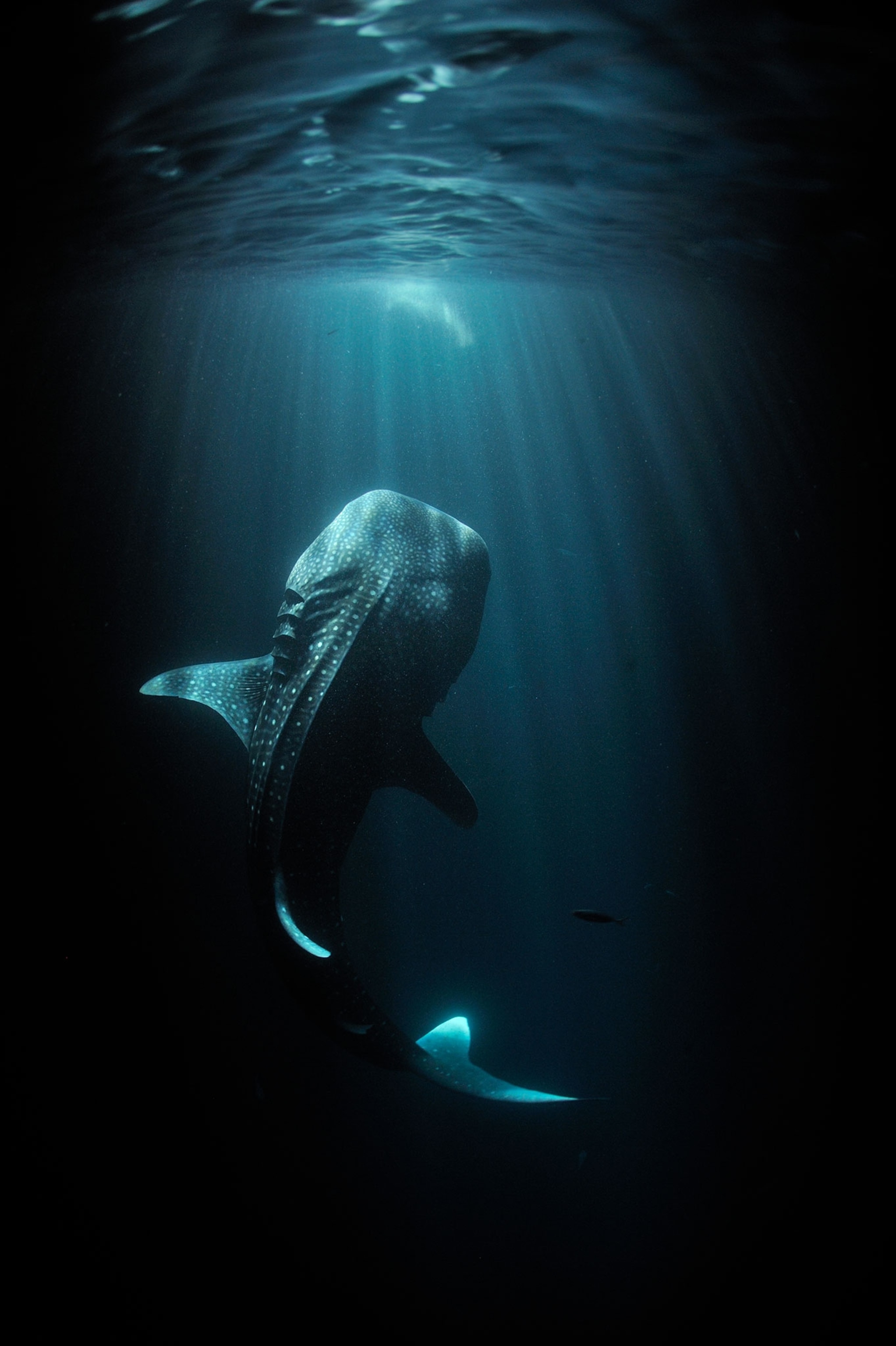 A whale shark is illuminated from above.