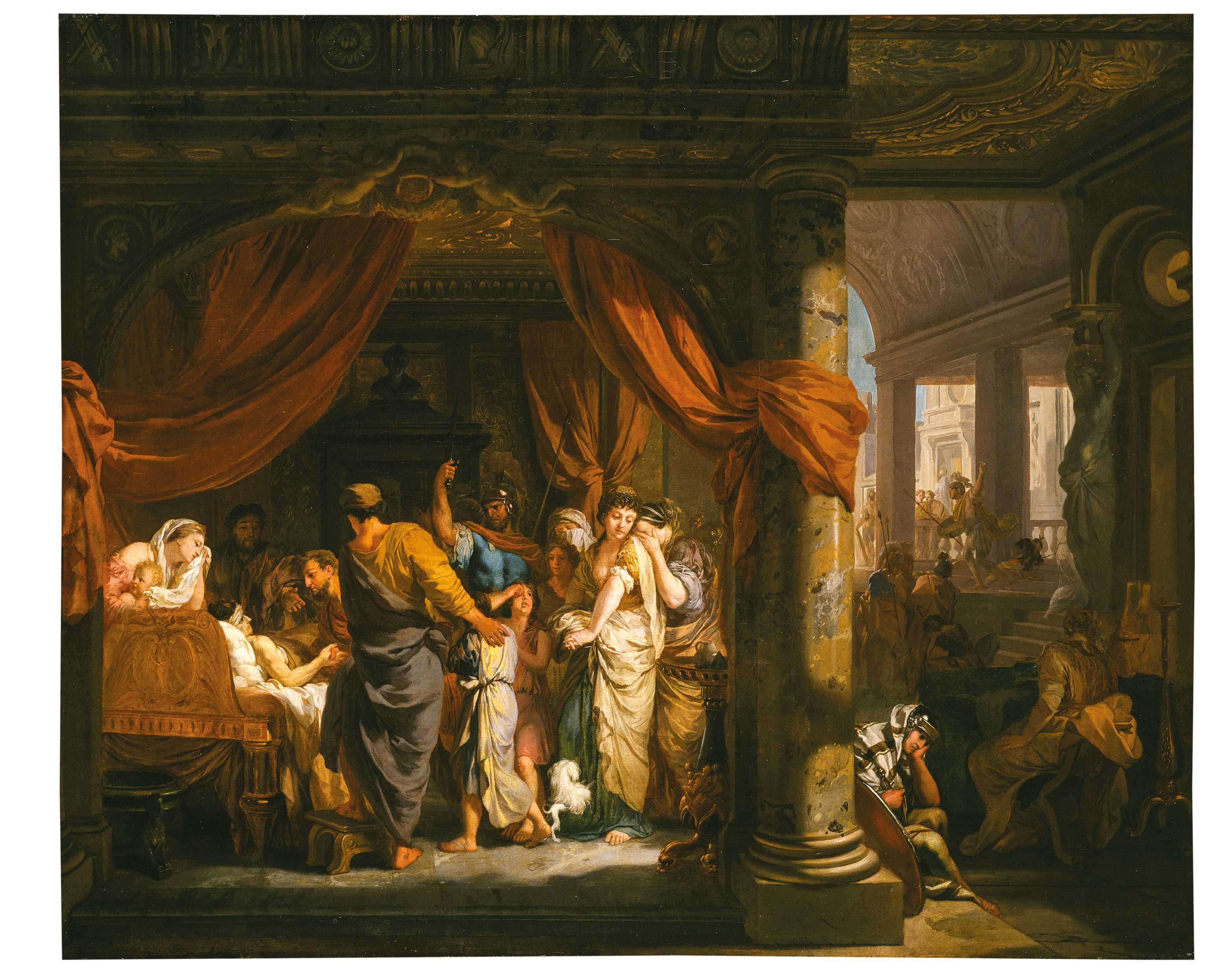 A painting of Germanicus bed-ridden and ill with his wife Agrippina and their children at his bedside. 