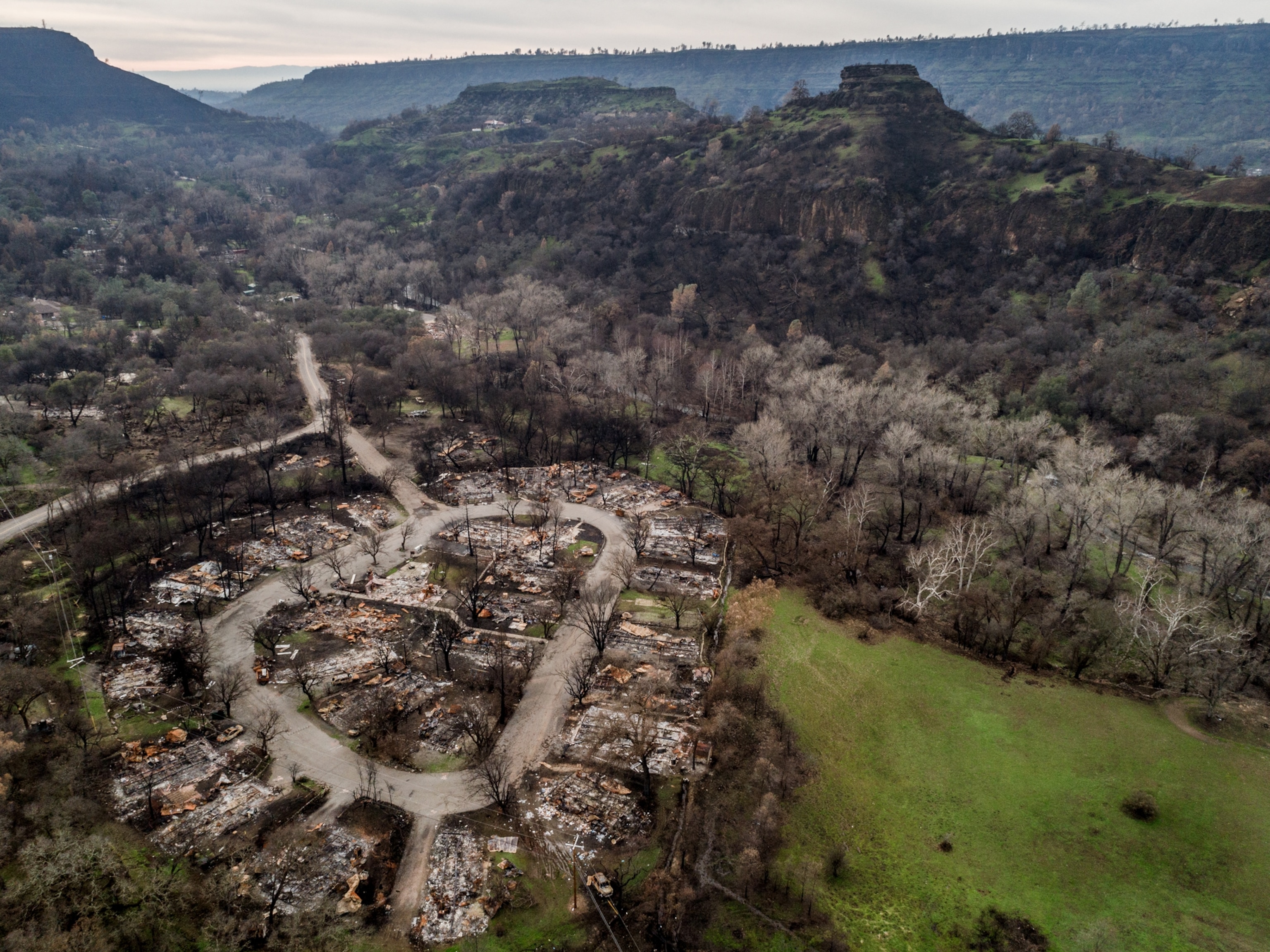 aerial view of neighborhood ruins.