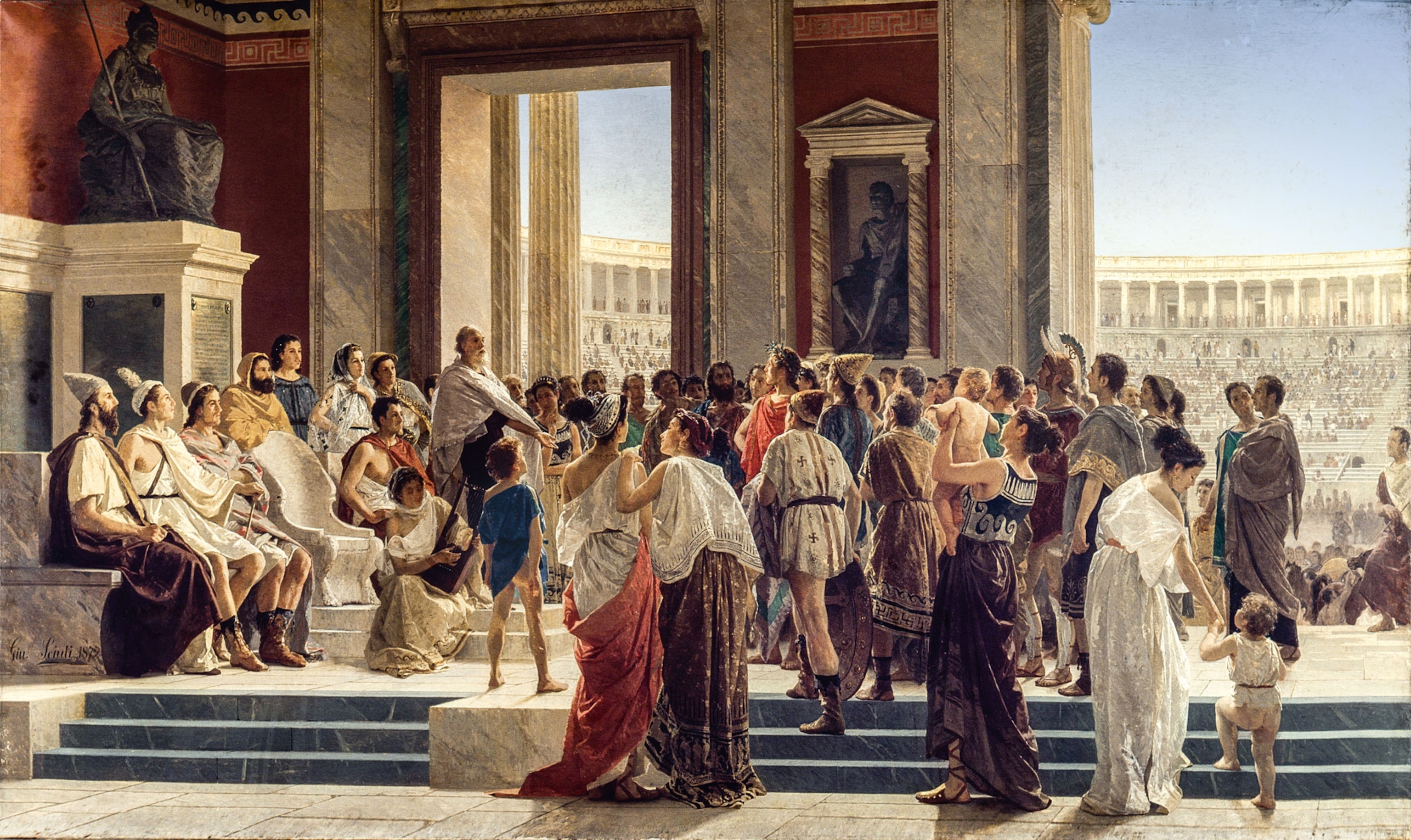 A painting of a poet praising Olympic athletes
