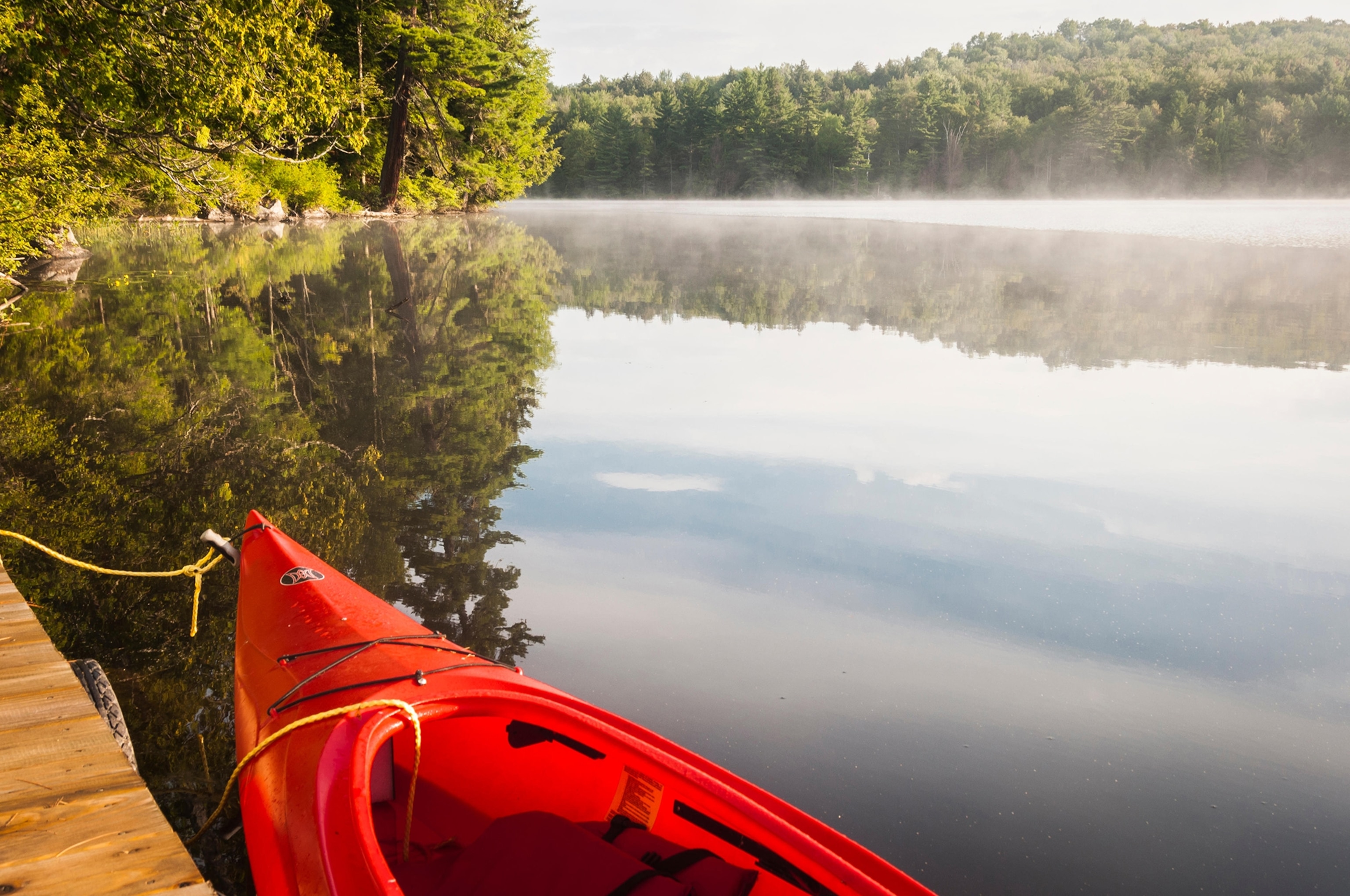 USA, New York. Adirondacks State Park, Franklin County, St. Regis Canoe Area, Hoel Pond, Pine Point, view of red canoe