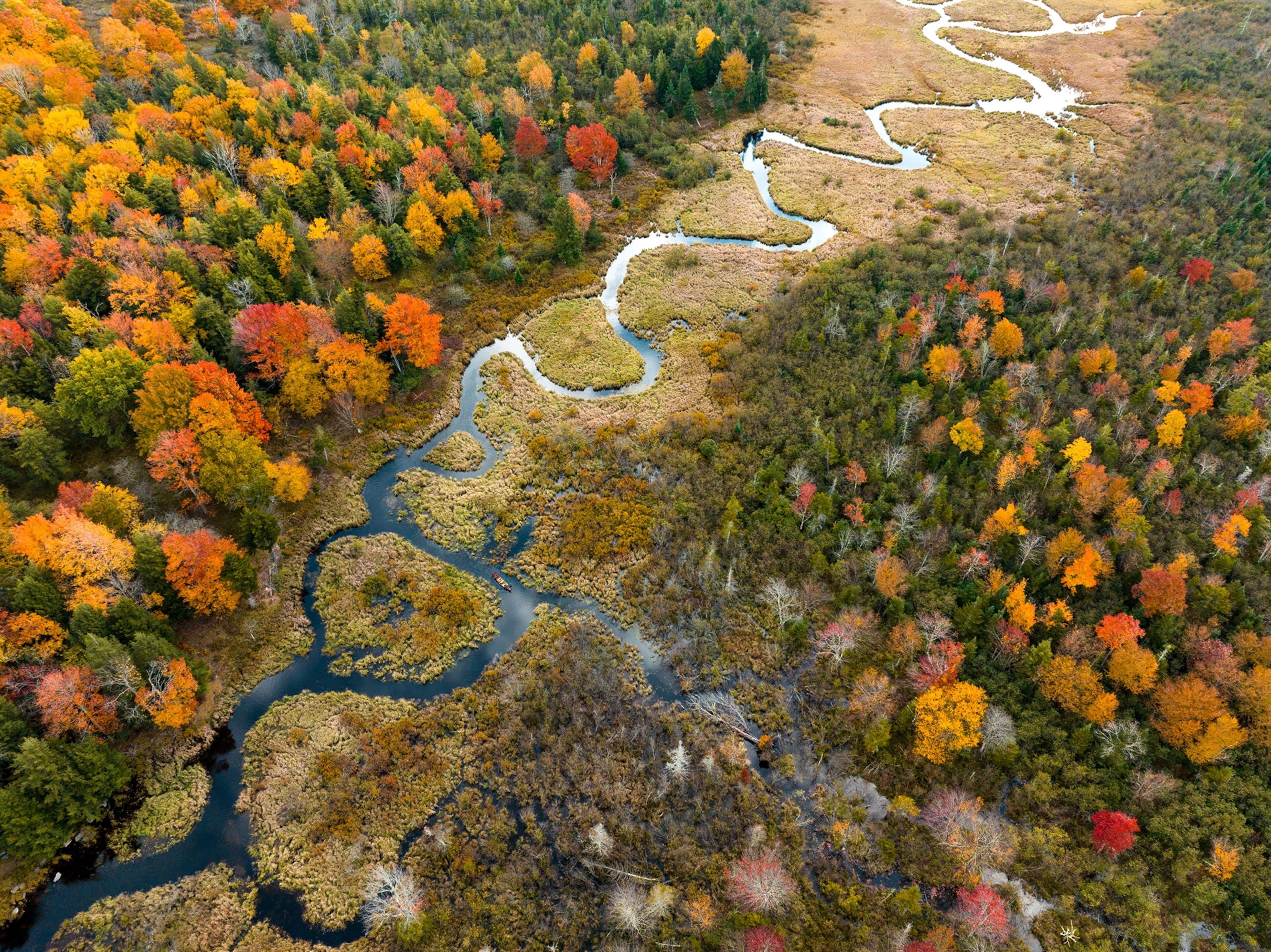 An aerial of a river weaving through Canaan Valley in West Virginia.
