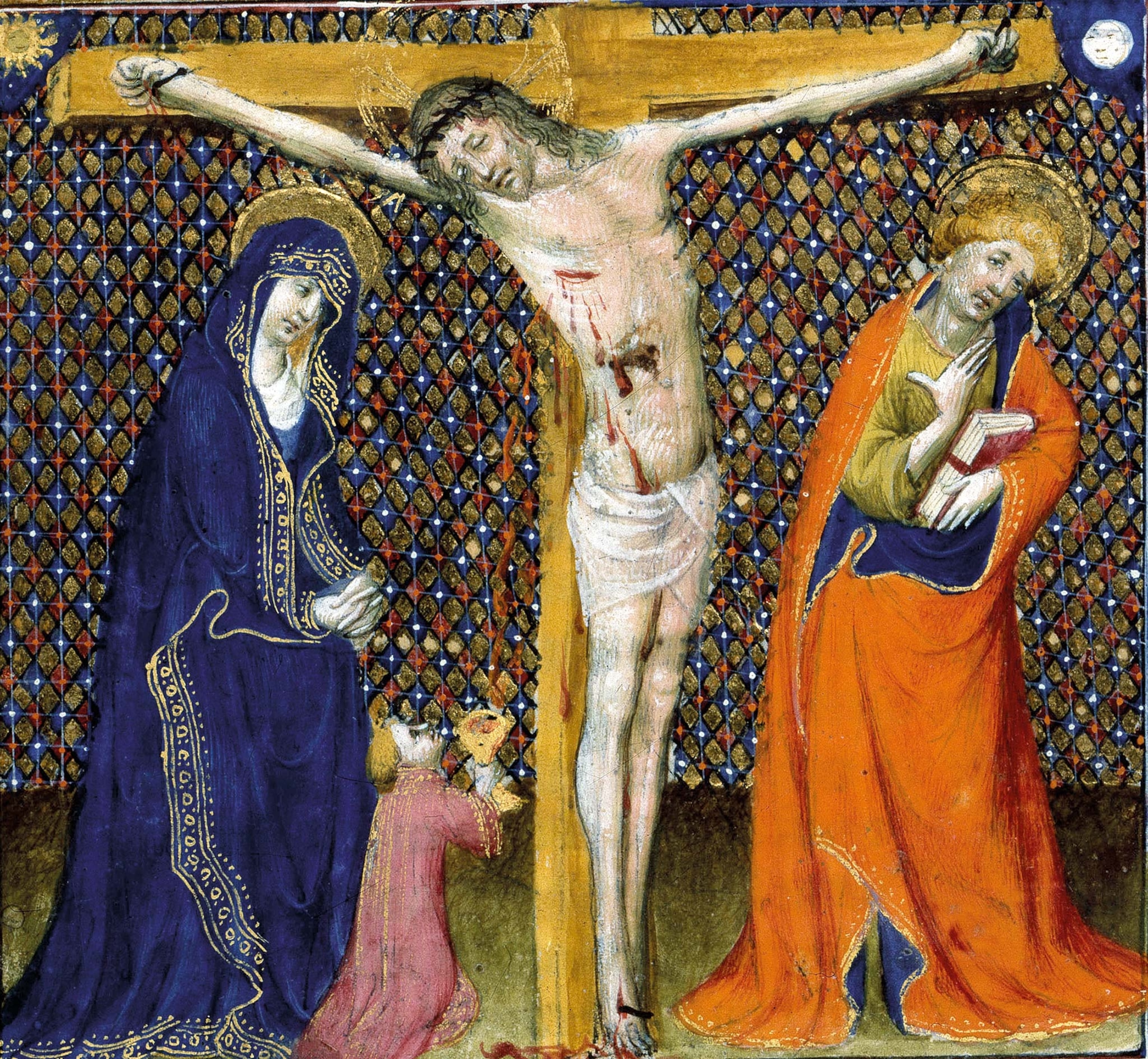 Joseph of Arimathea, kneeling between the Virgin Mary and the Apostle John, collects the blood of Christ in the Holy Grail in a 13th-century miniature
