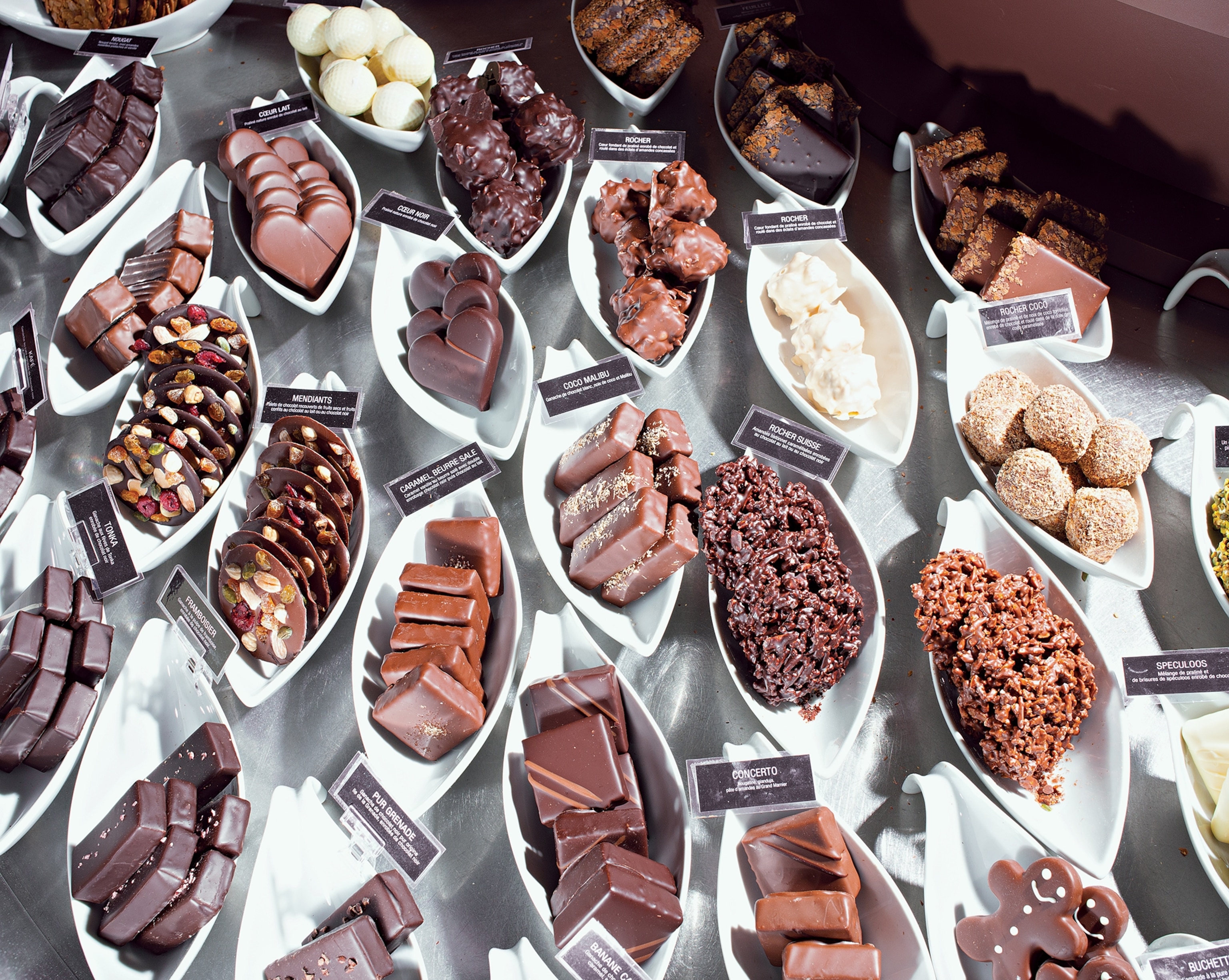 Chocolate on display at Atelier du Chocolat in Bayonne, France.