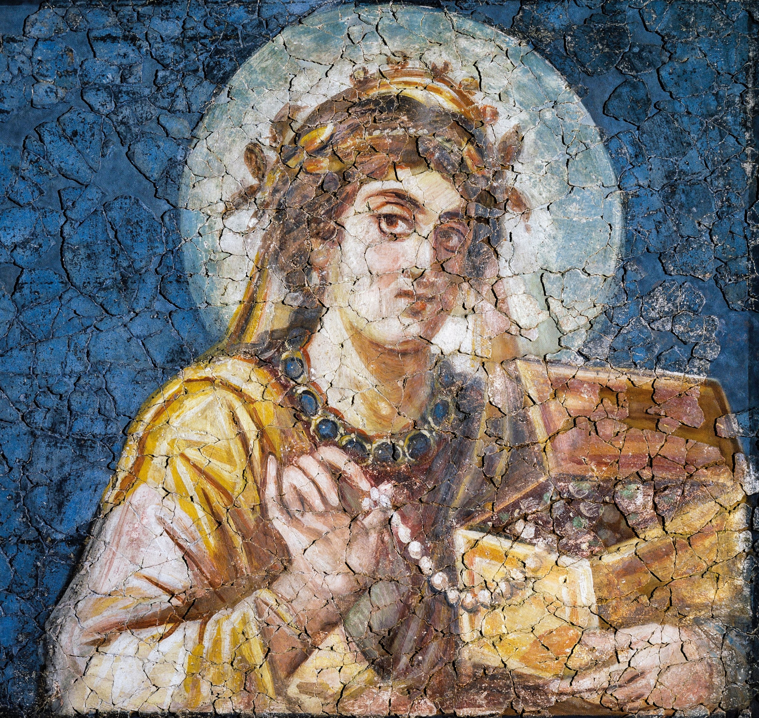 a woman showing off a pearl necklace in fresco from the Palace of Constantine