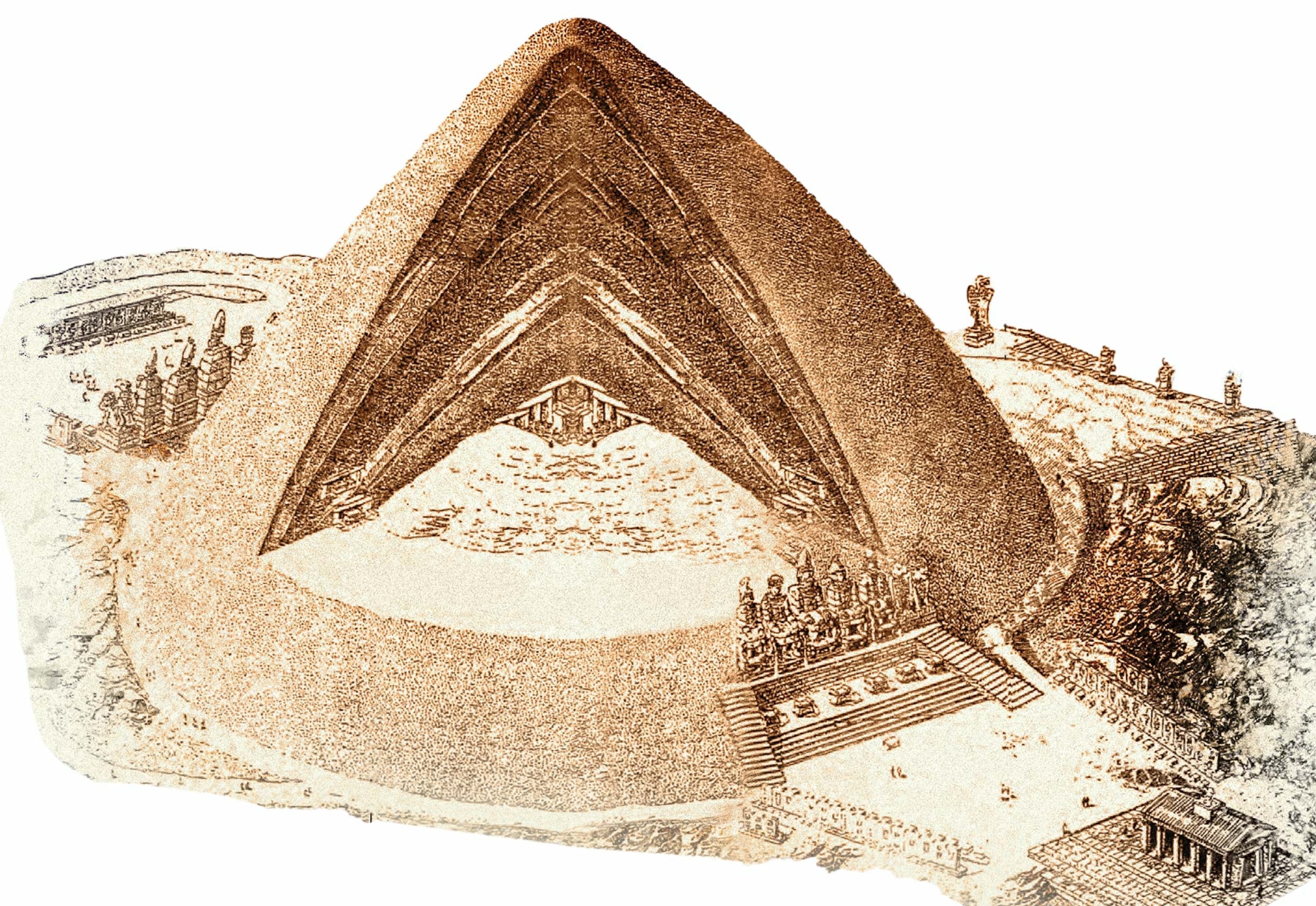 A drawing reconstruction of the burial mound with inner layers exposed