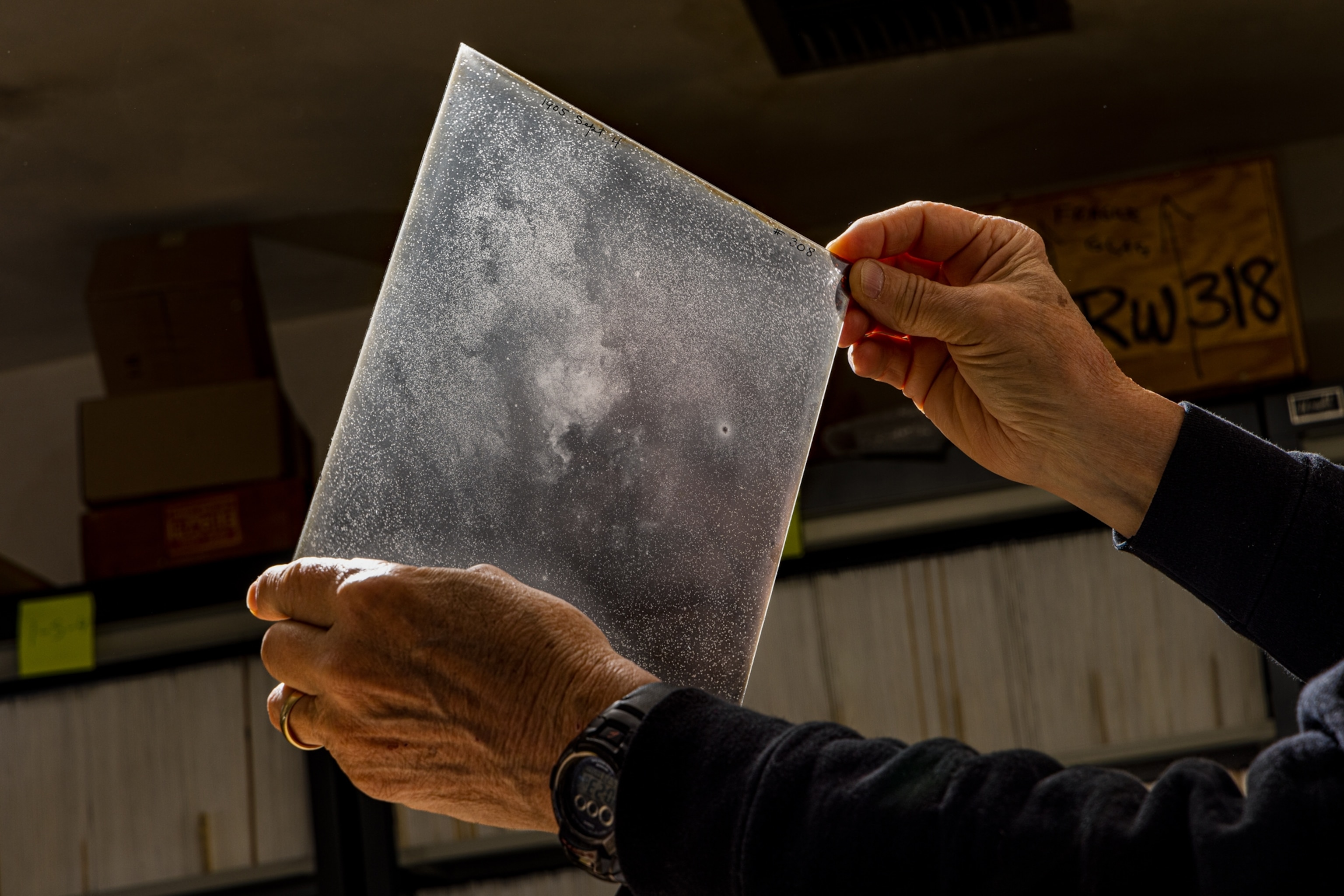 Hand holding glass plate.