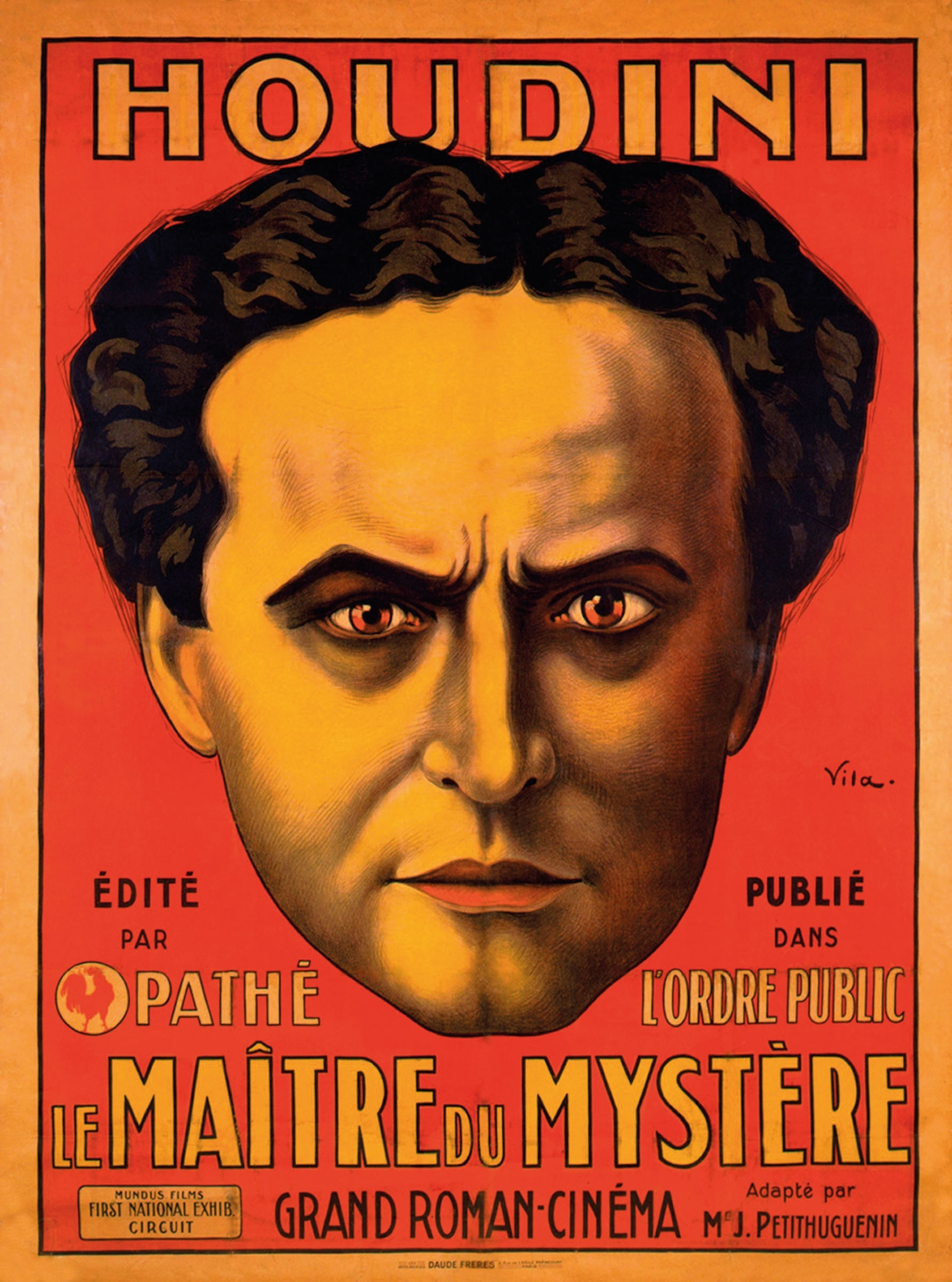A red poster with a drawing of a man with brown hair in the center, and text advertising a movie in French