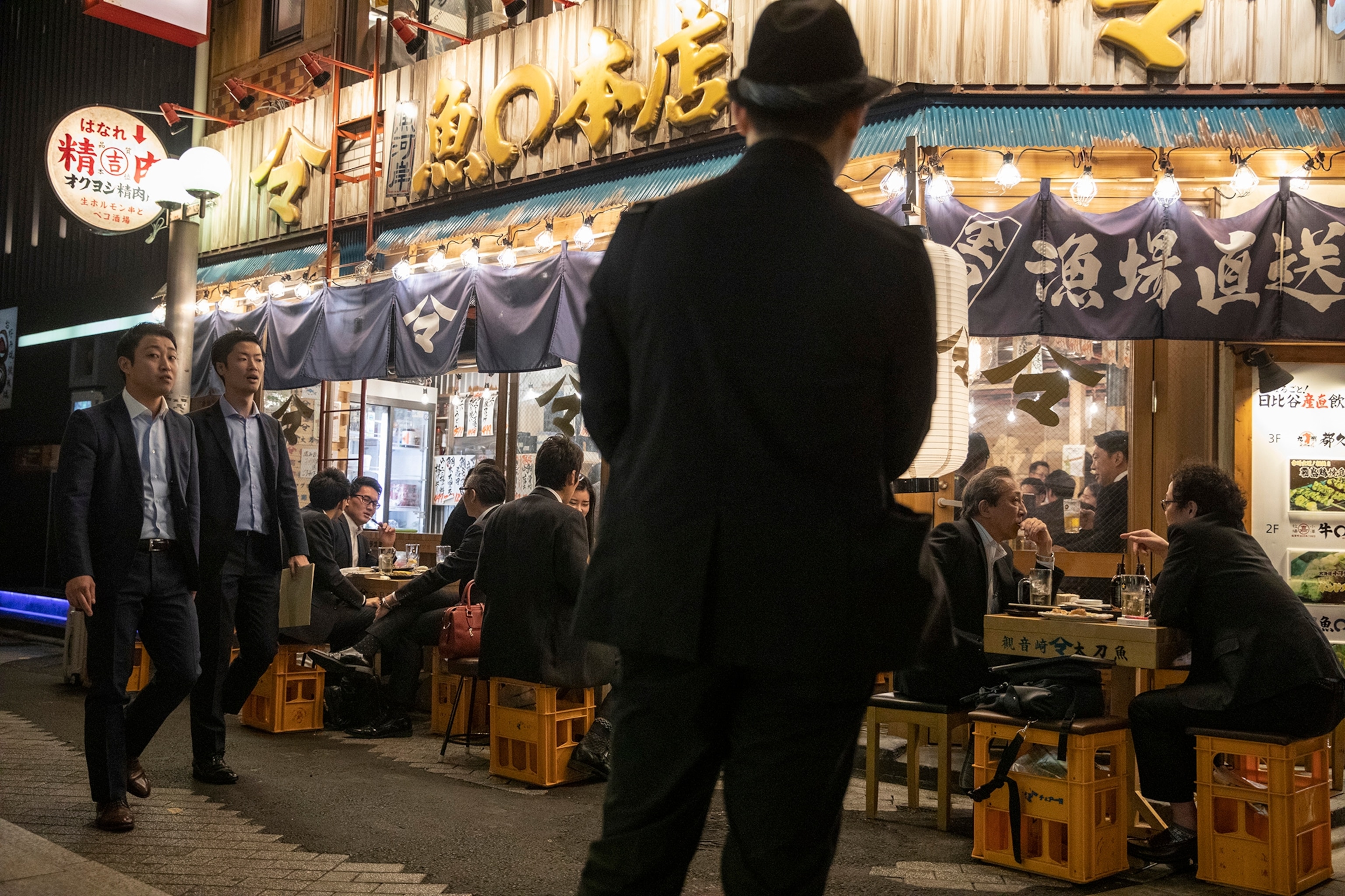 Nightlife restaurants and bars in the Shimbashi neighborhood of Tokyo, popular among office workers.