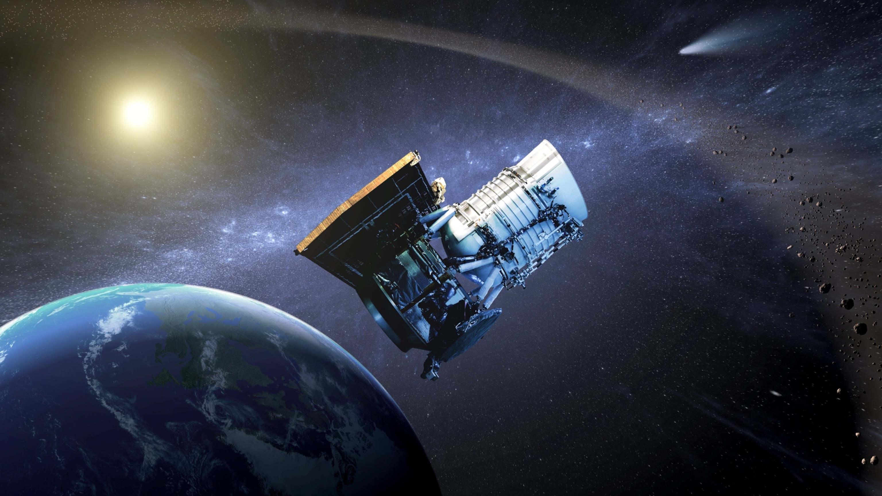 An illustration of a large telescope in orbit around Earth, with an asteroid belt visible in the distance.