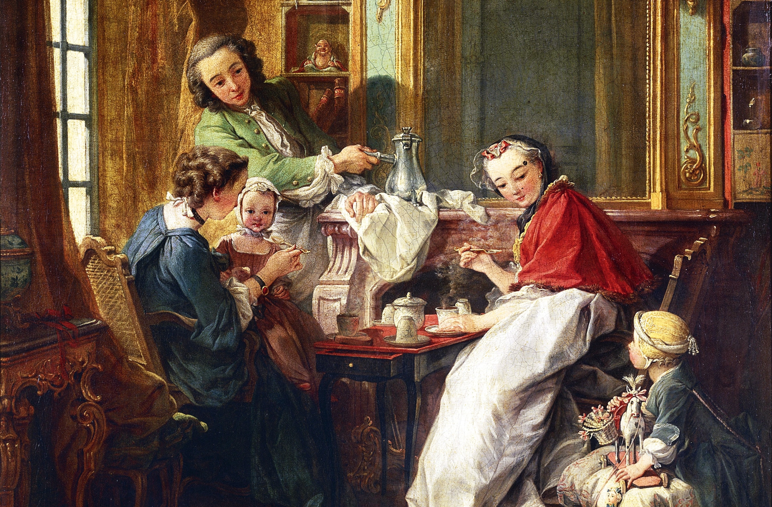 an 18th-century French painting of a family at breakfast by François Boucher