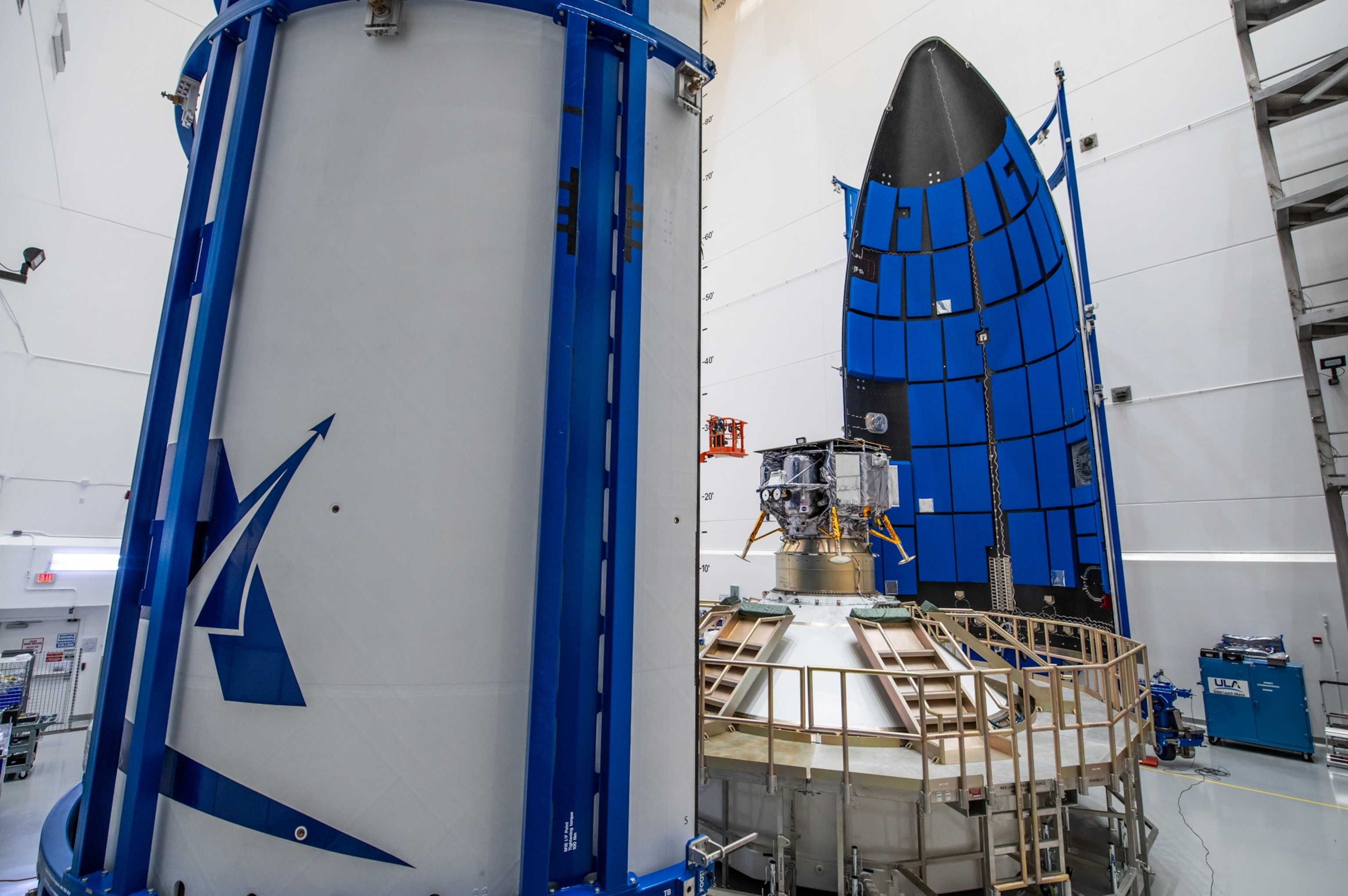 Astrobotic’s Peregrine lunar lander preparing to be encapsulated in the payload fairing, or nose cone, of United Launch Alliance’s Vulcan rocket