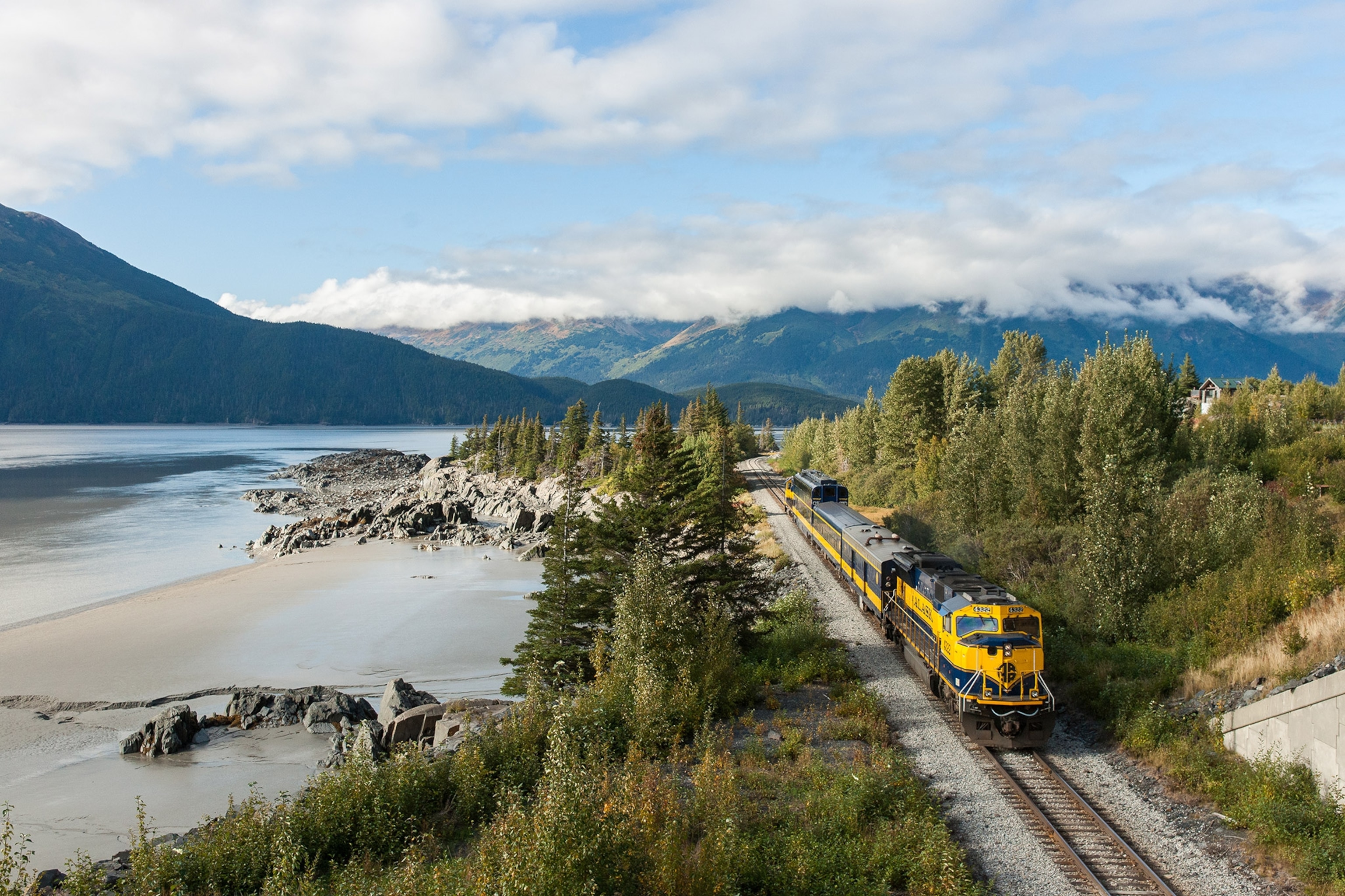 A scenic view of the Turnagain Arm of the Glacier Discovery Train