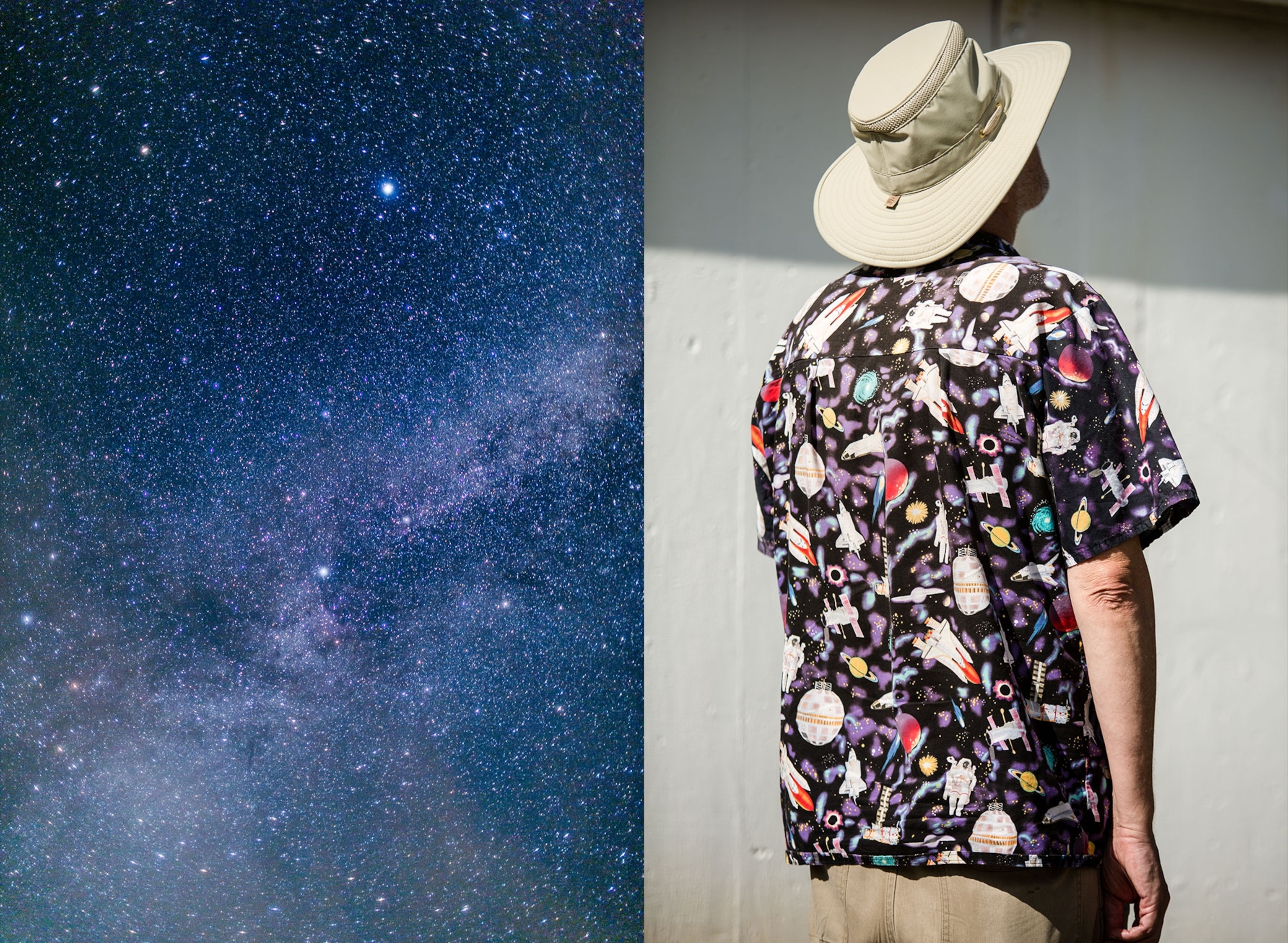 a man with a space shirt and the stars.
