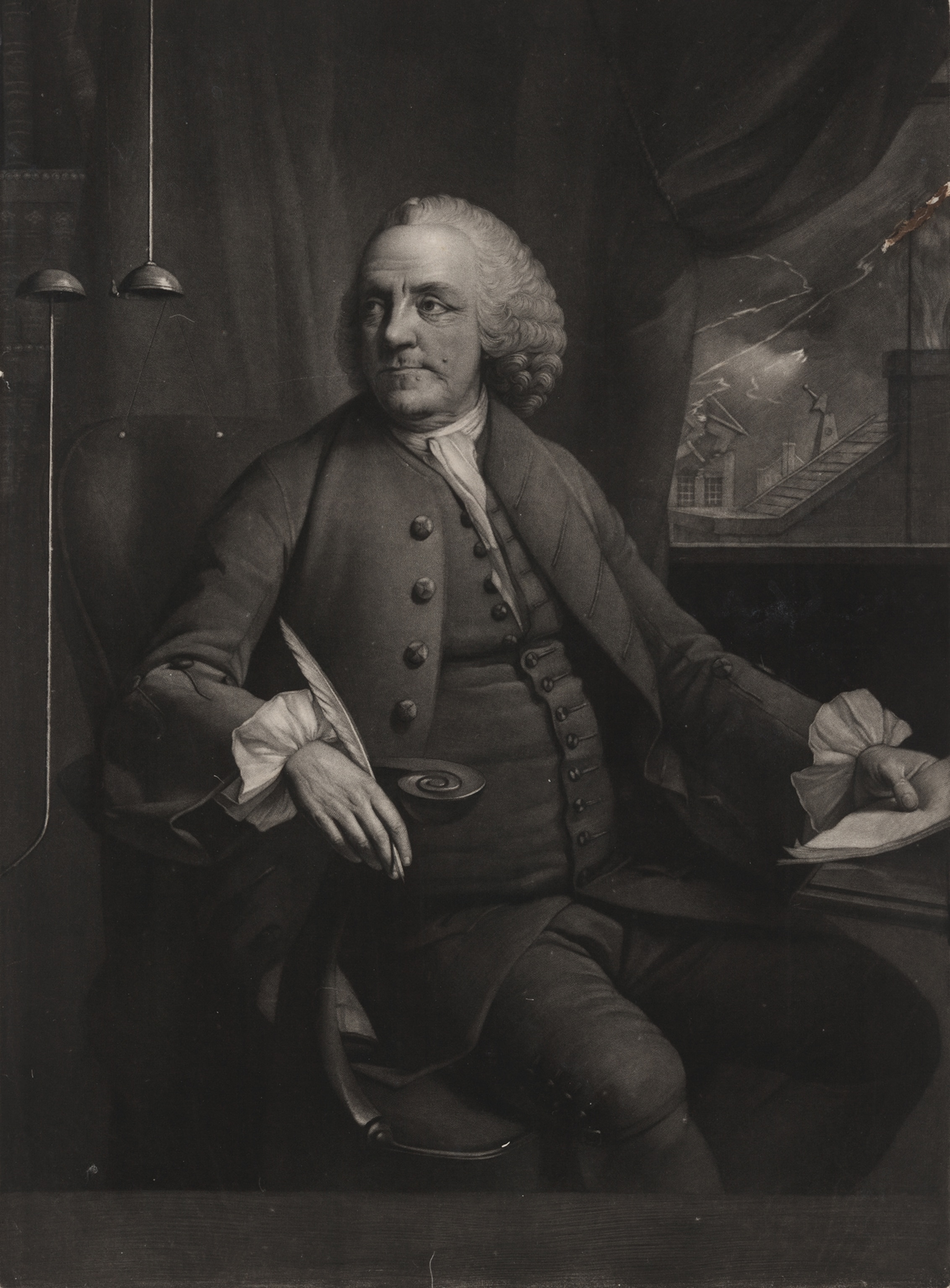 Print shows Benjamin Franklin, three-quarter length portrait, seated at desk, looking to his right at an electrical device, in his left hand are papers upon which he is taking notes, and visible through a window to his left is lightning striking a building.