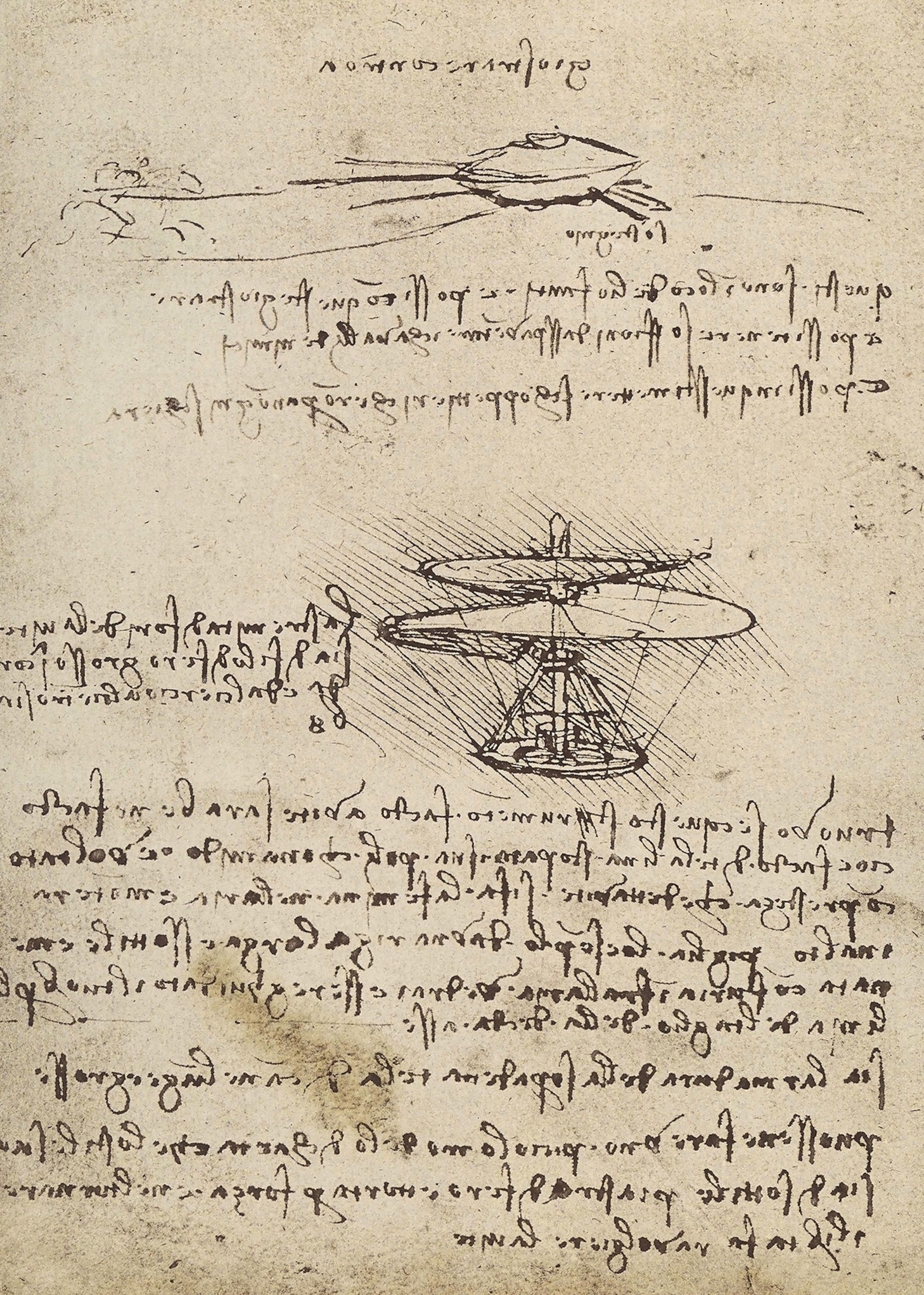 an illustration of a notebook page of a two flying machines with written mirror text