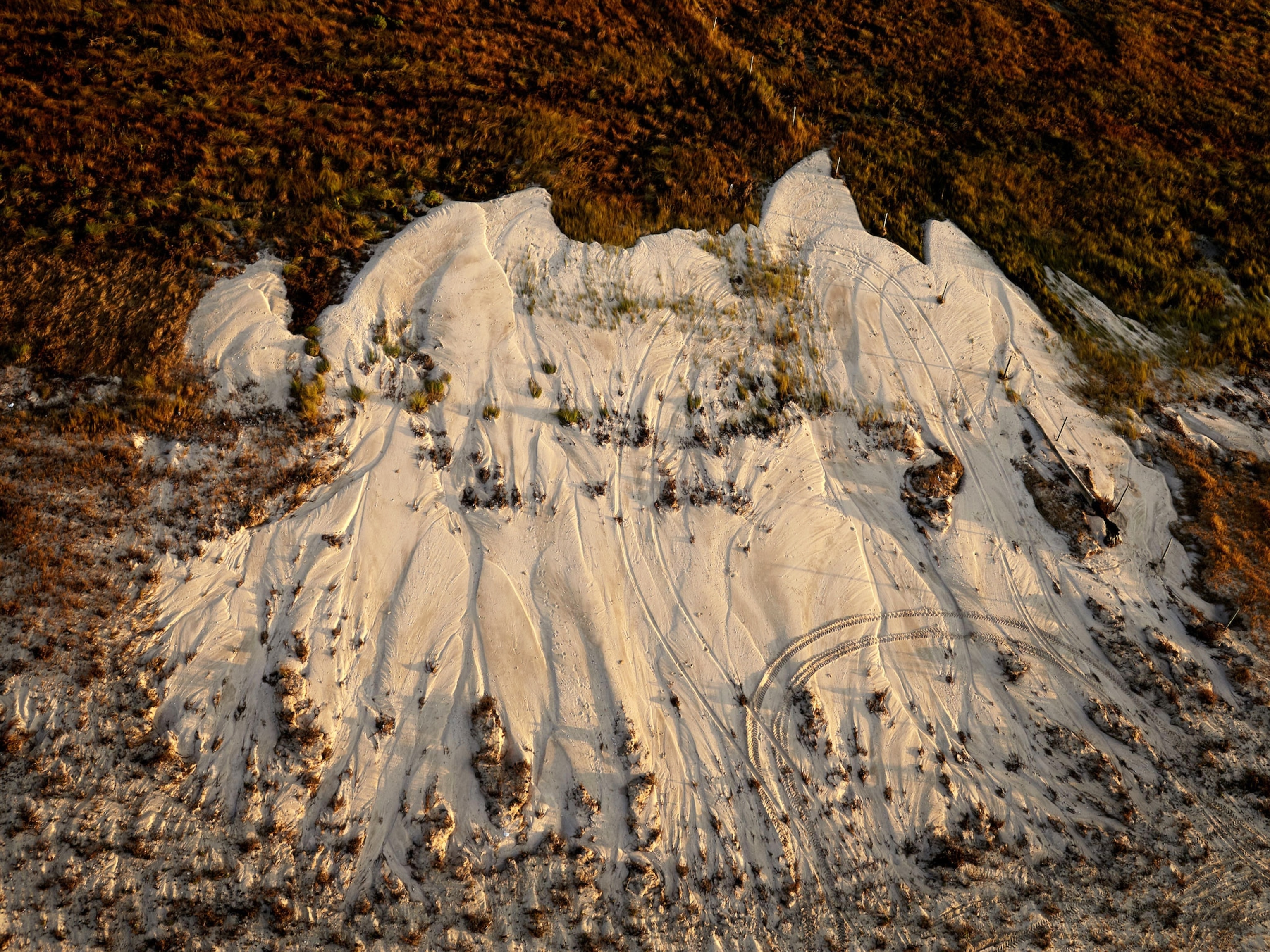 A pile of sand pushed into a pasture by a storm surge
