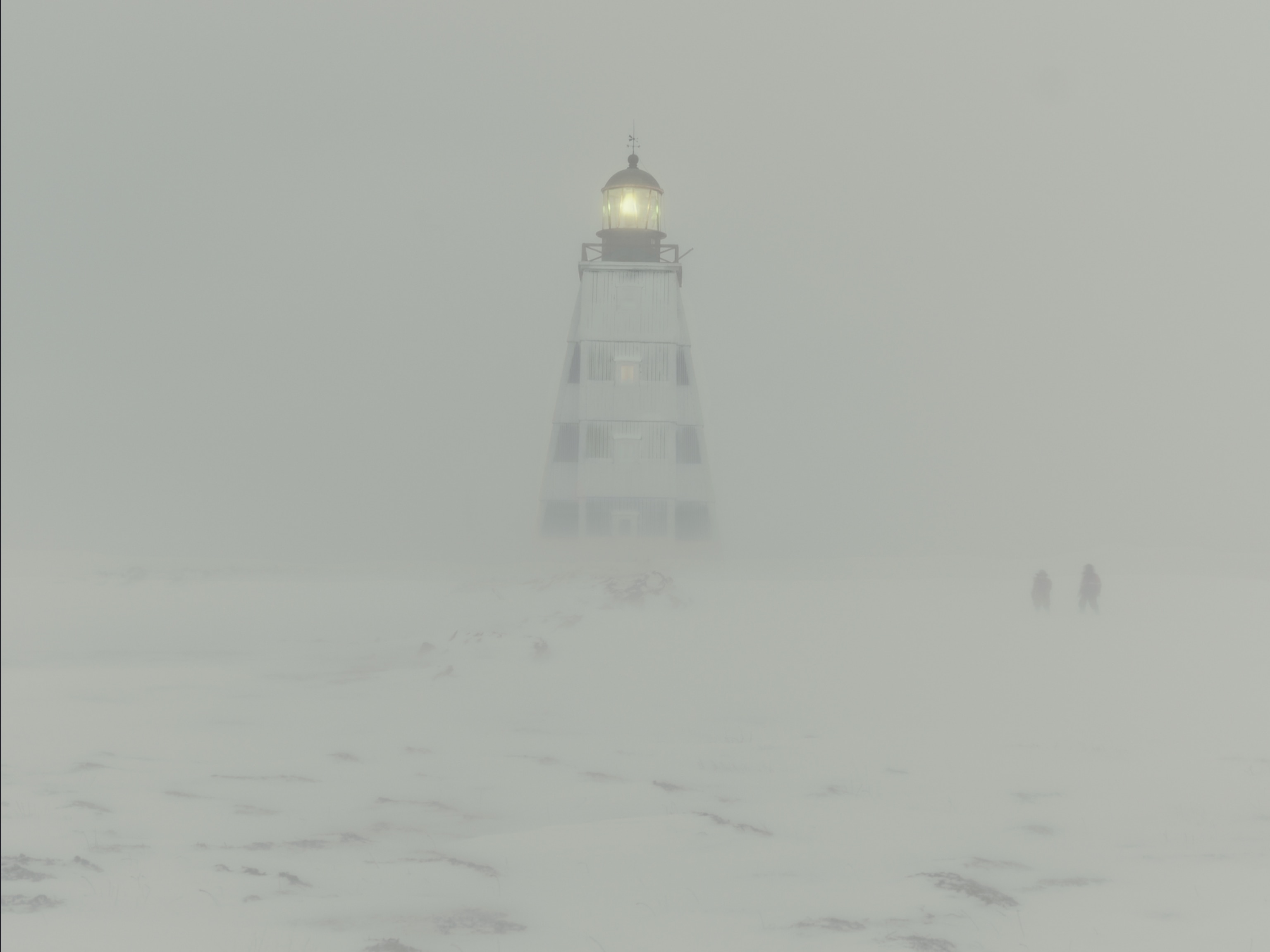 lit light-house in blizzard.