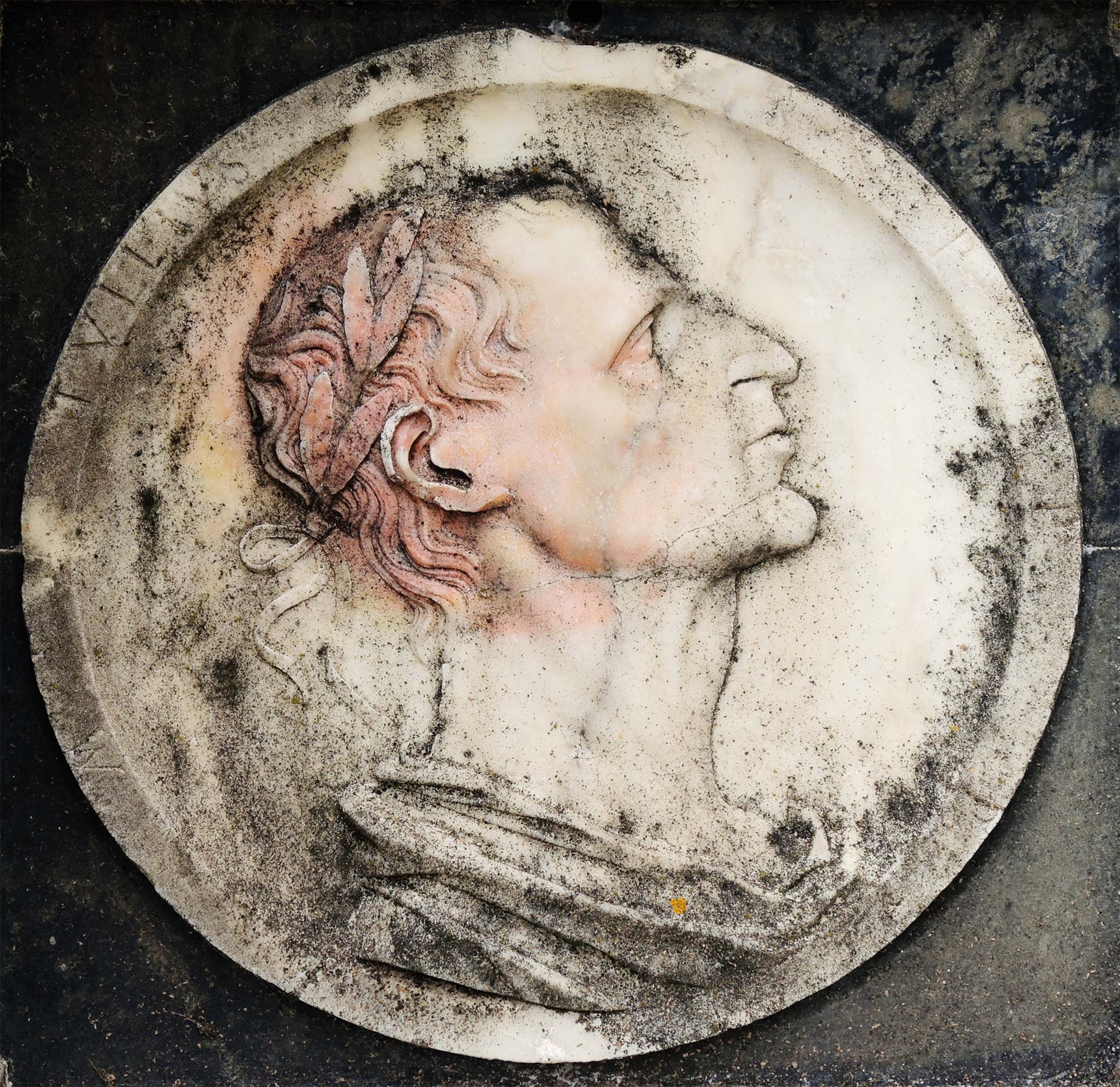 This 15th-century bas relief in the form of a medallion bears the likeness of King Servius Tullius crowned with laurel.