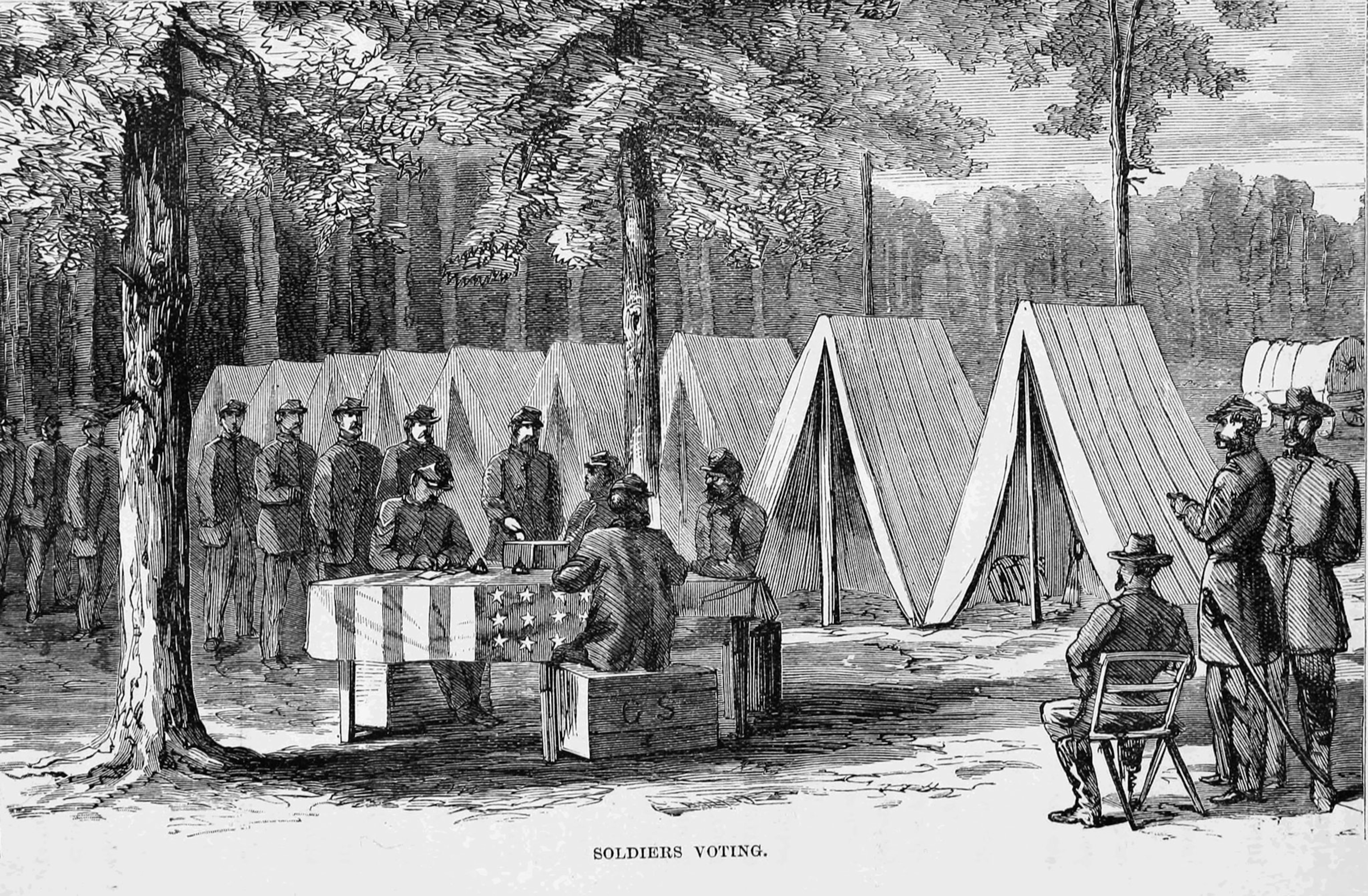 A drawing of civil war soldiers lined up to cast their vote at a table
