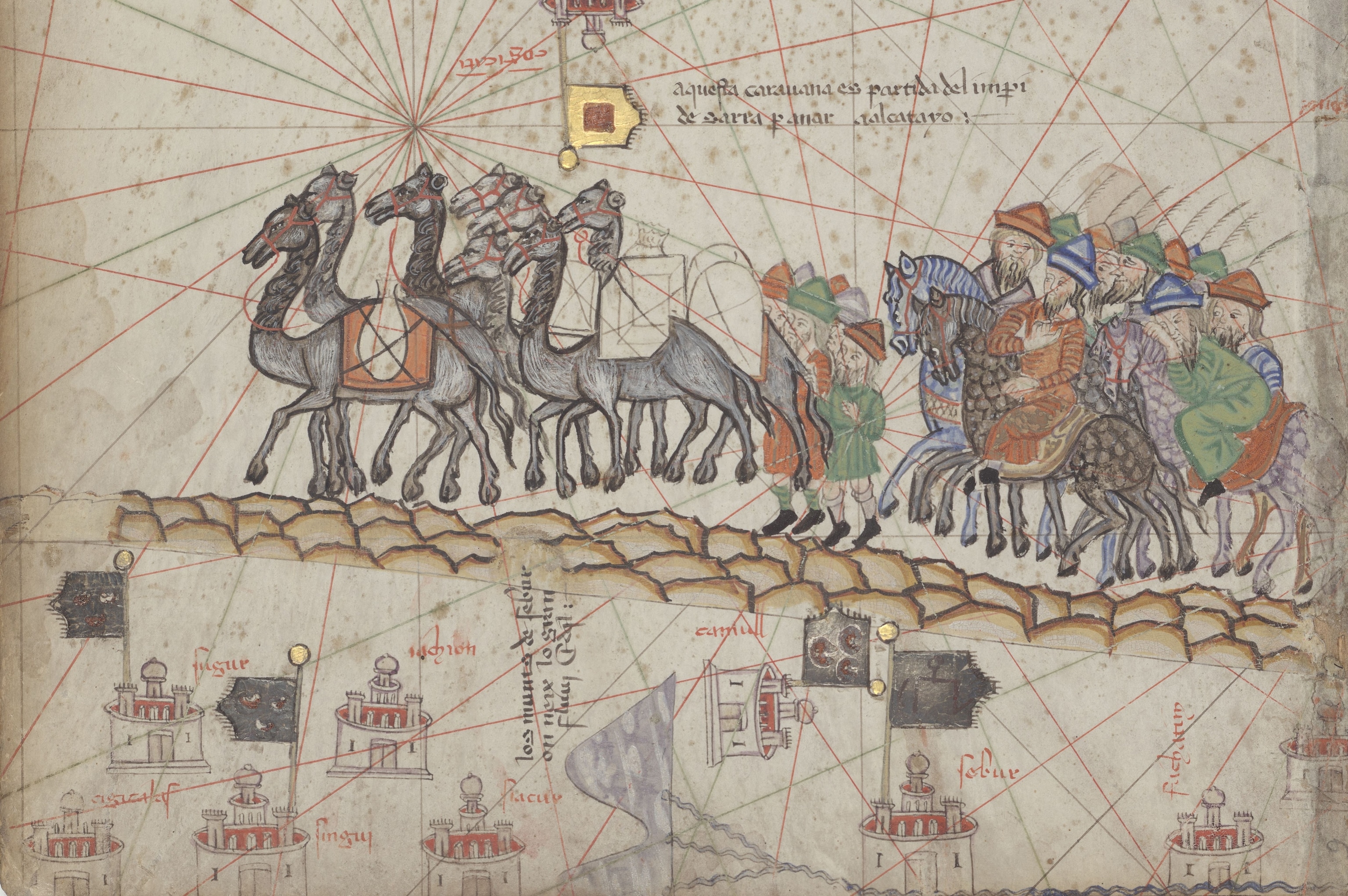A side view of a caravan of camels with packs followed by men on foot and on horseback.
