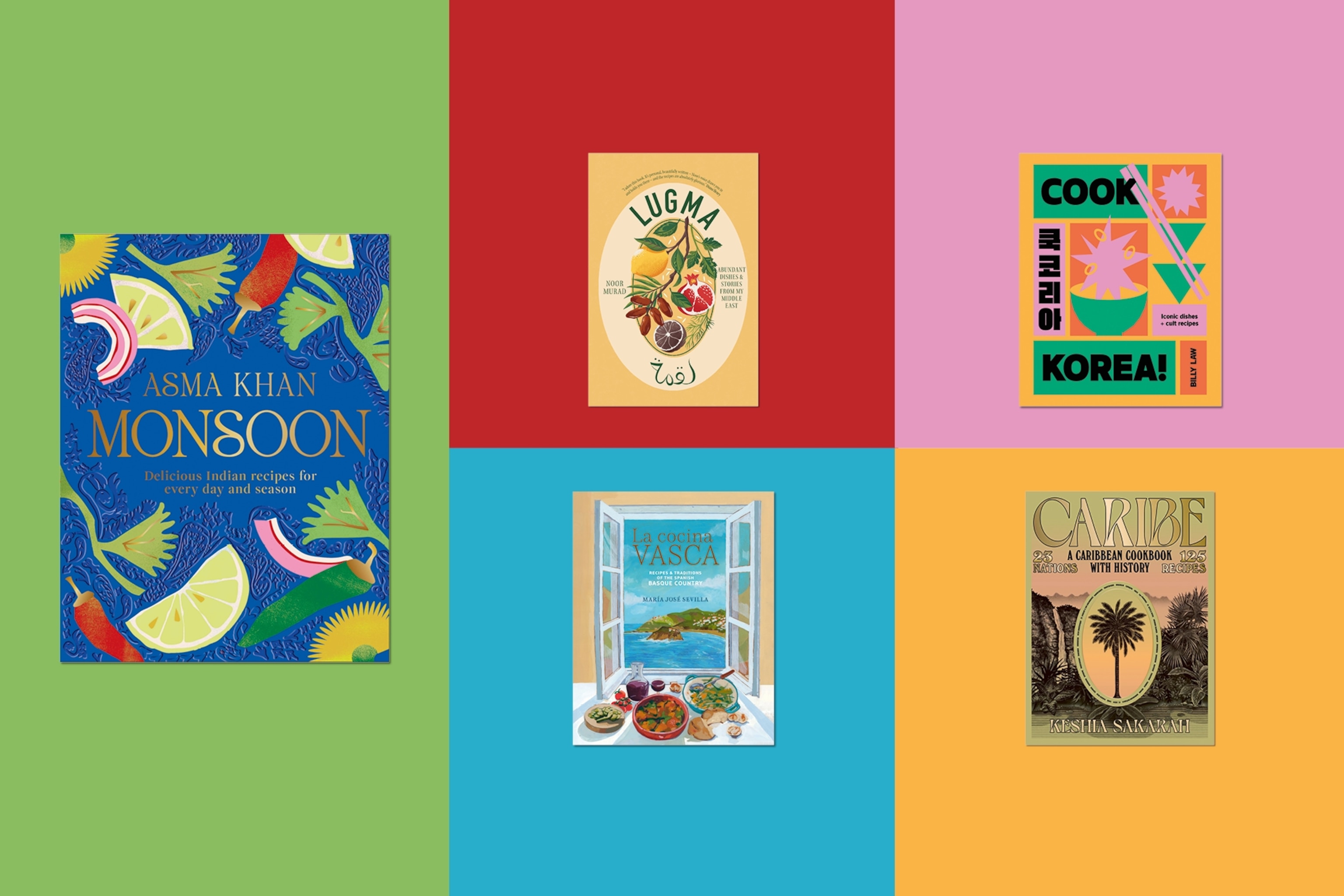 A collage of five different cookbooks, each on a different colour background.