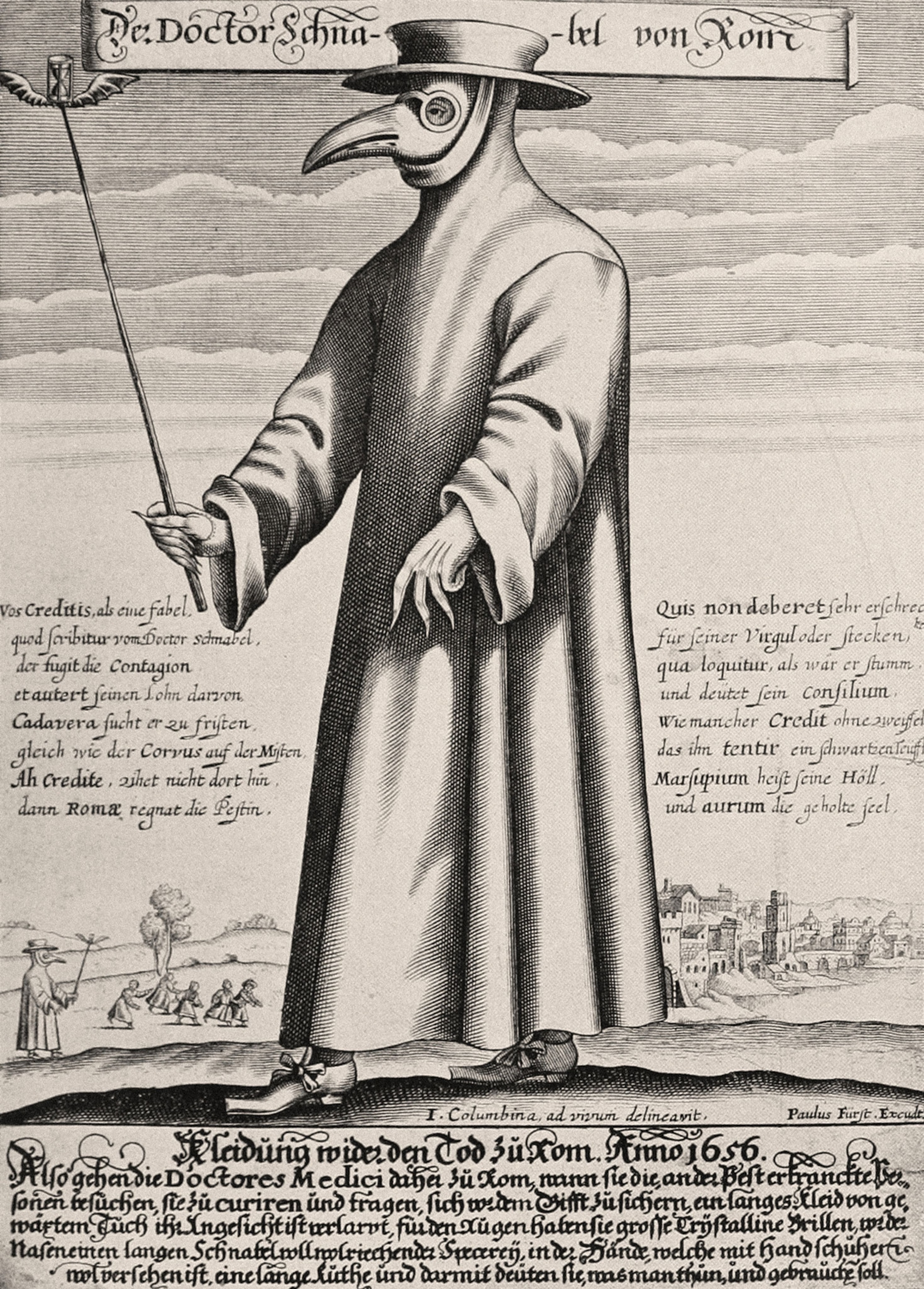 a giant plague doctor walking by a miniature town