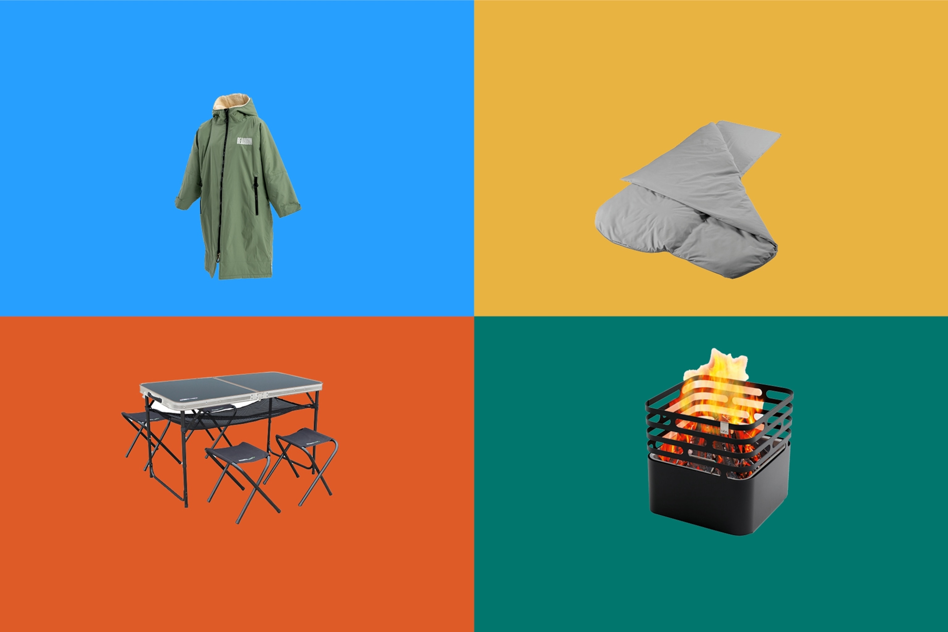A four quadrant image with bright colours which have a camping related product in each tile.