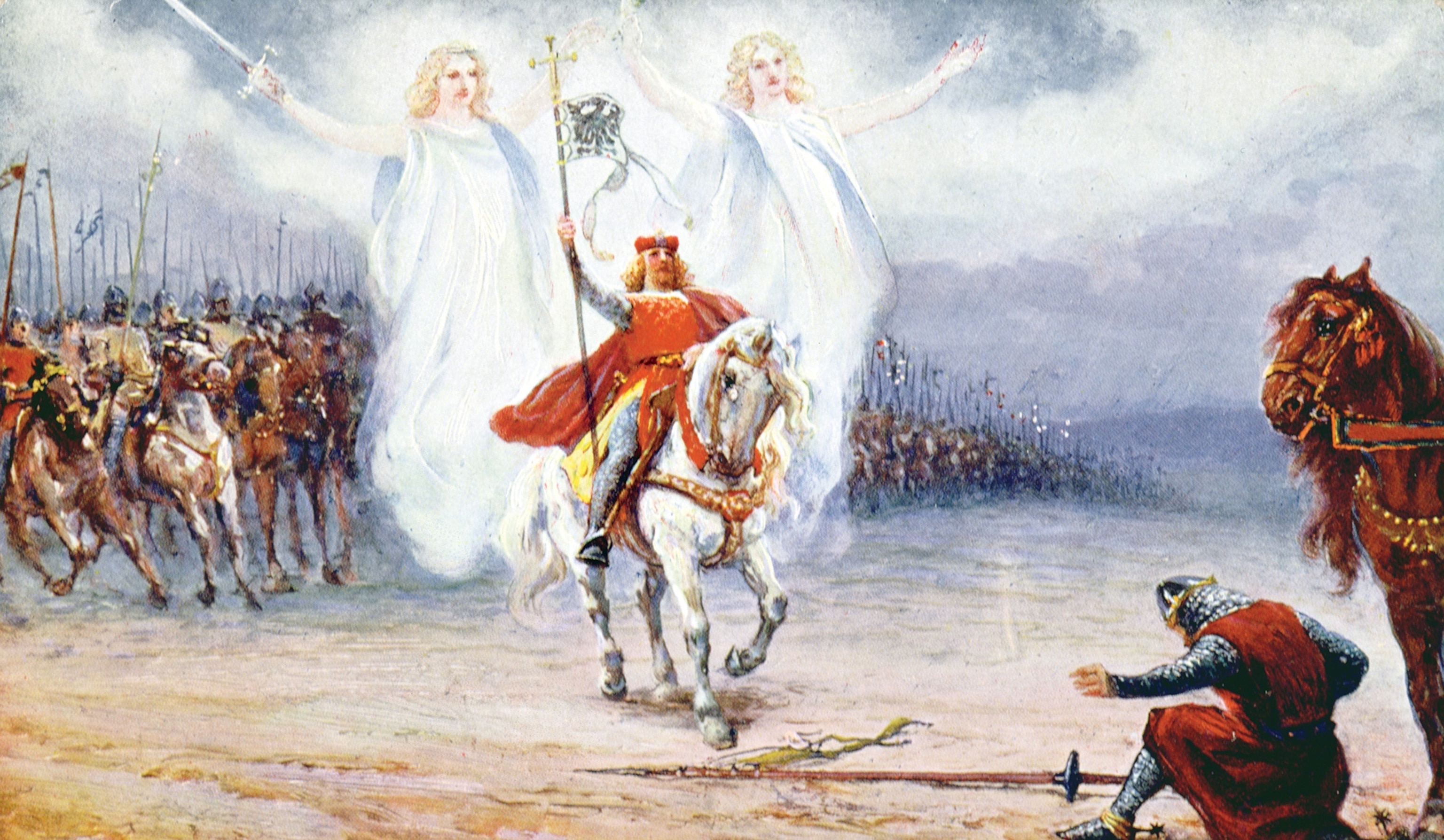 Stories claim that the Duke of Kourim surrendered to King Wenceslas when he saw angels accompanying him, as shown in this 20th-century color lithograph.