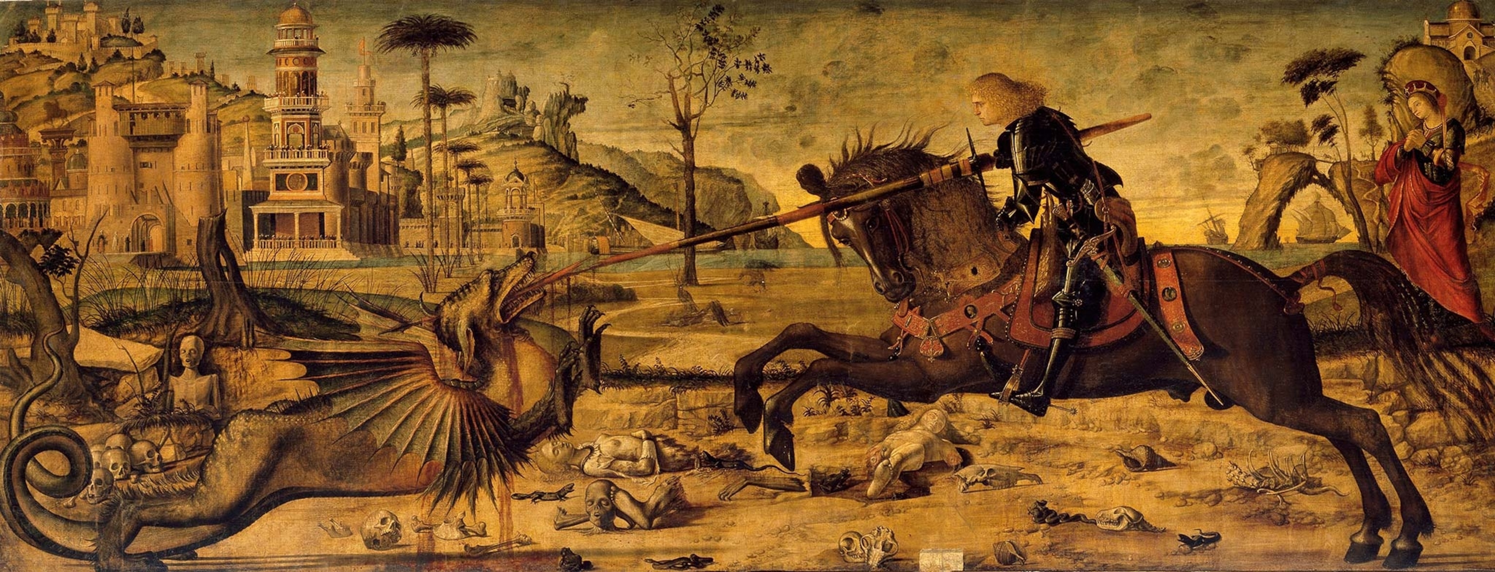 Vittore Carpaccio's tempera painting shows St. George slaying the dragon on horse.