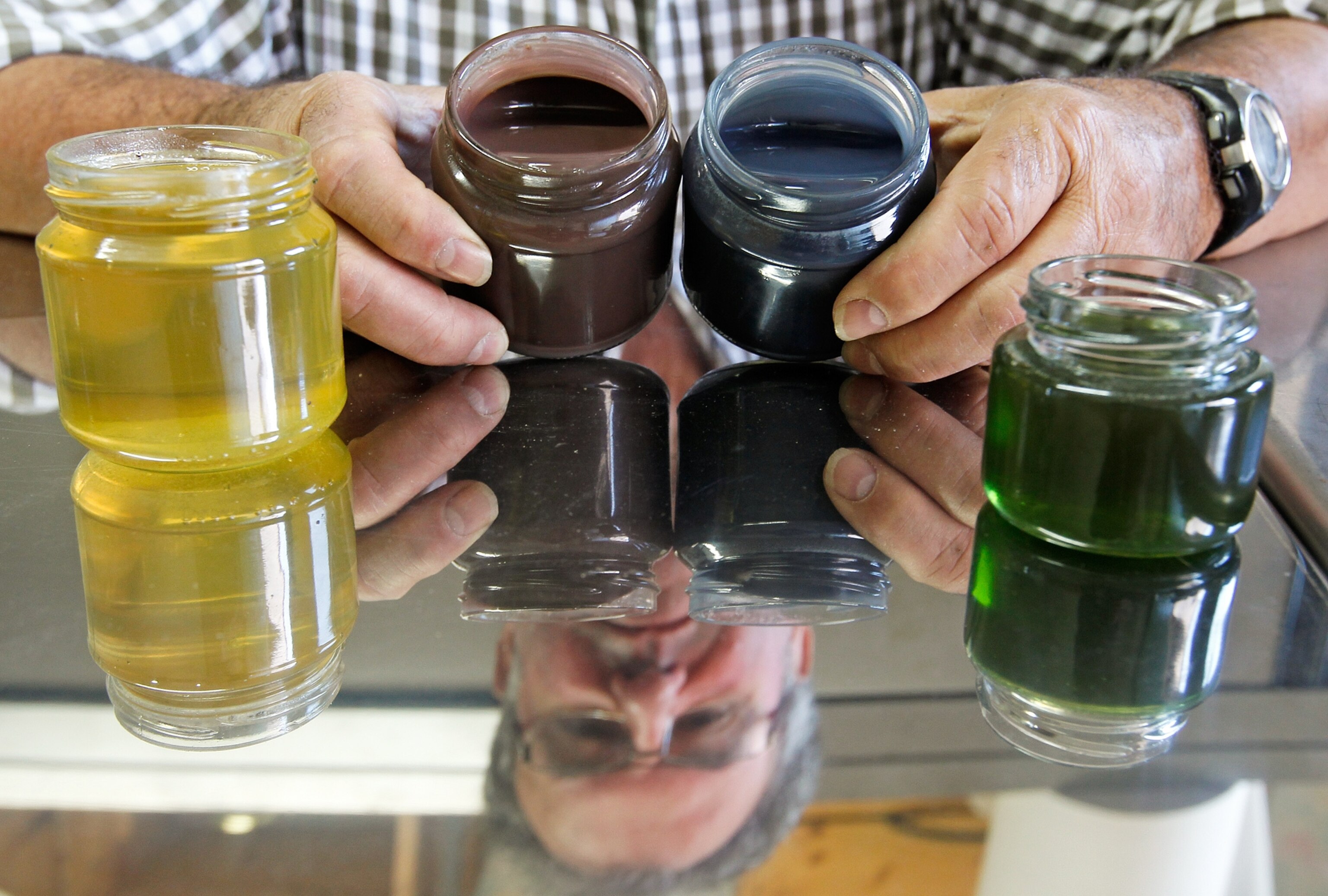 Colored jars of honey picture - created after bees ate M&Ms;