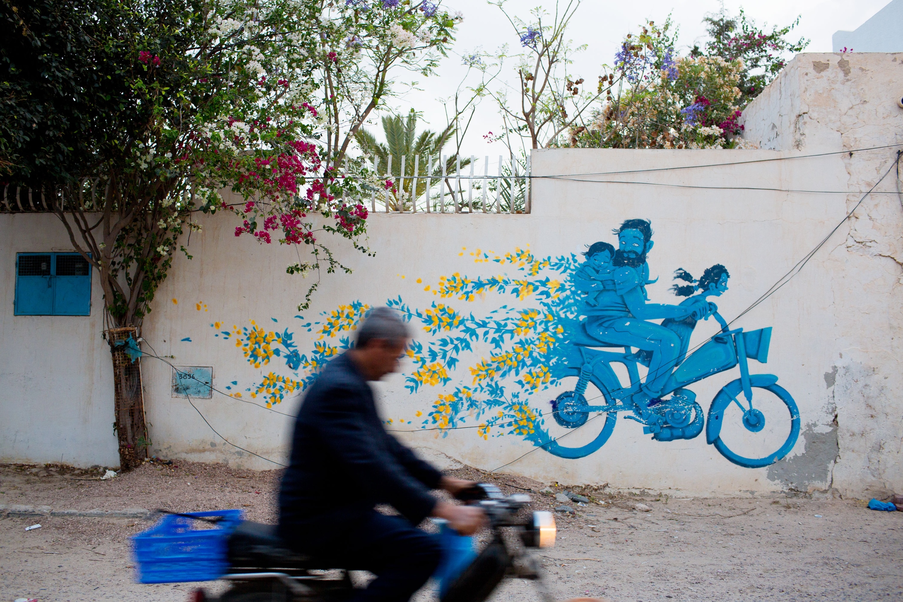 art murals on the streets of the Tunisian village of Erriadh on the island of Djerba