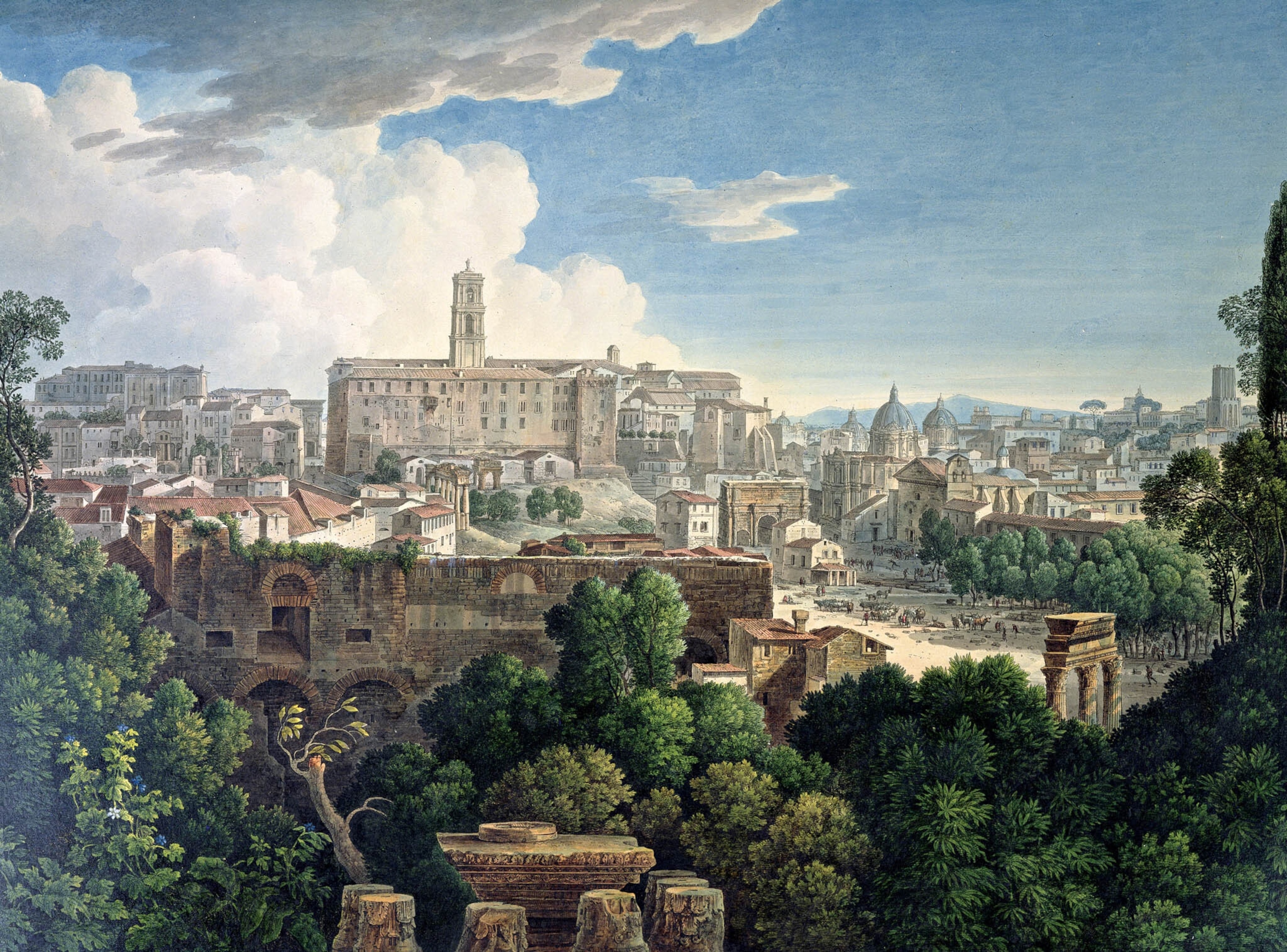 A colored engraving shows a 16th-century view of the Capitoline Hill from the Farnese Gardens, the first private botanic garden in Europe.