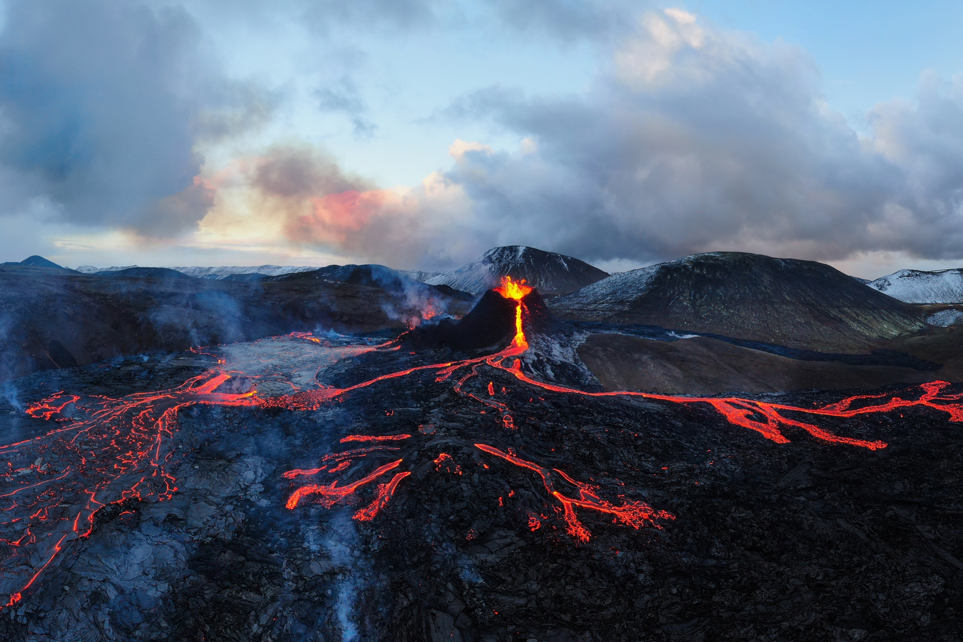 a drone view of the volcano eruption