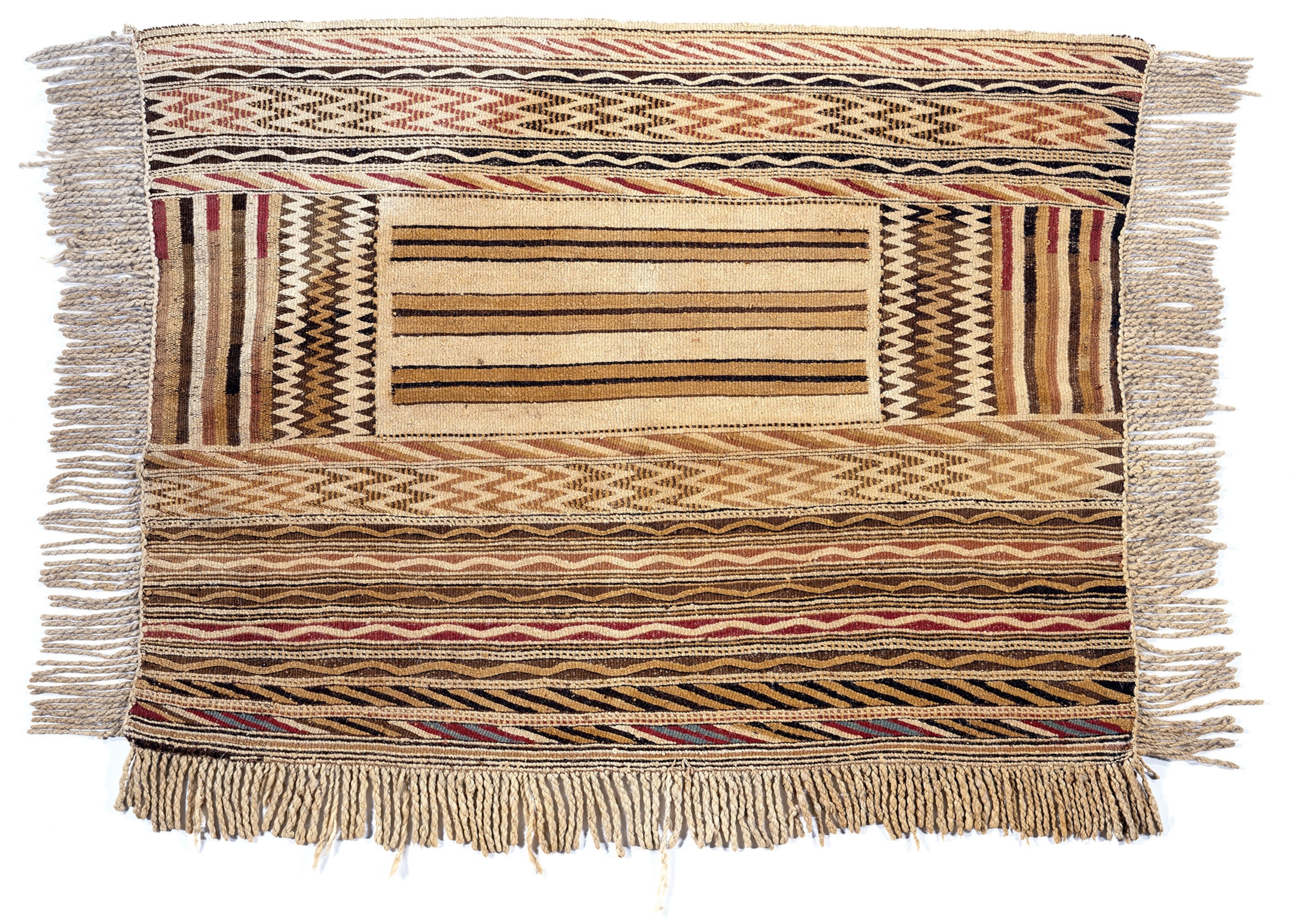 A classic-style Coast Salish rectangular blanket, with tan, black, red, and cream stripe and zig zag designs