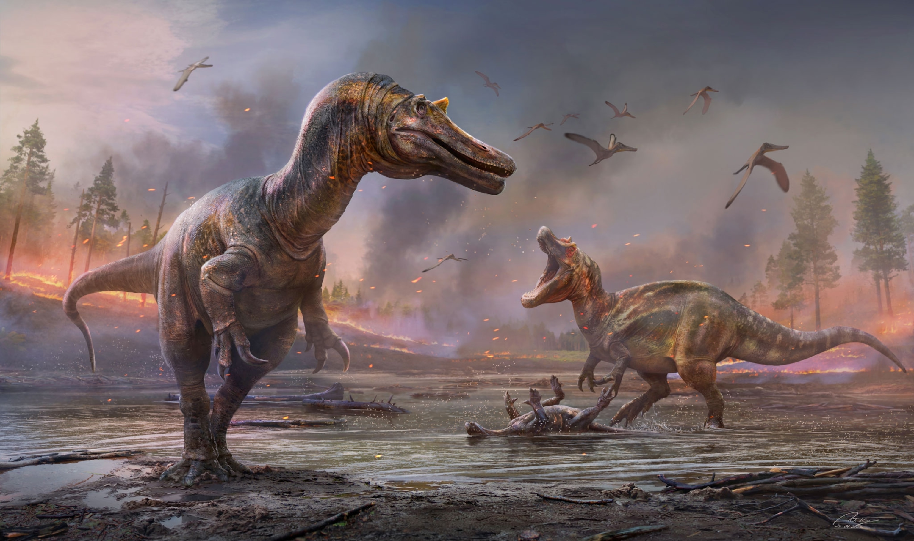 Illustration of spinaurids in water with fire burning the trees in the background. The sky is purple from smoke.