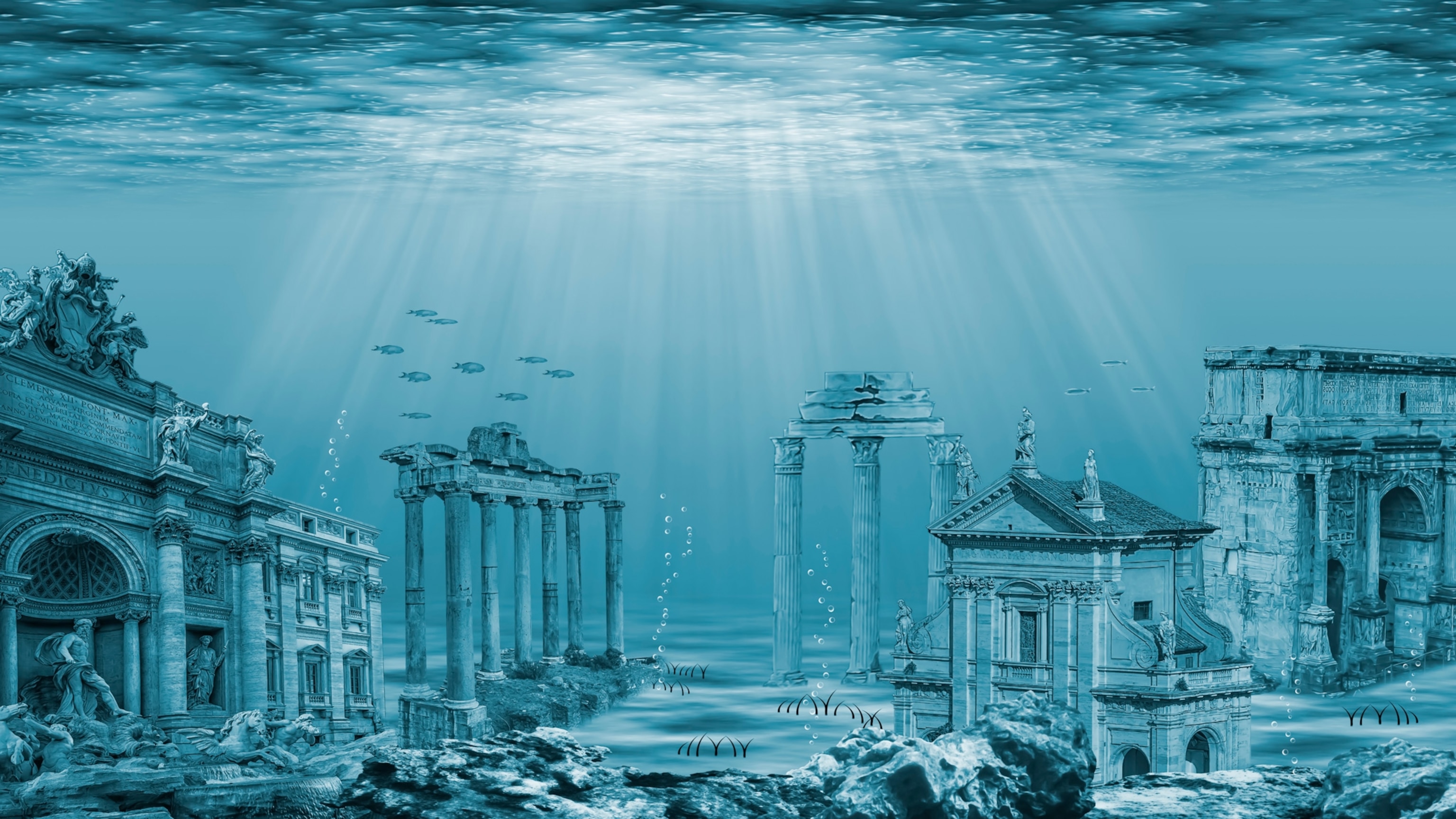 Illustration of city with columns and buildings underwater