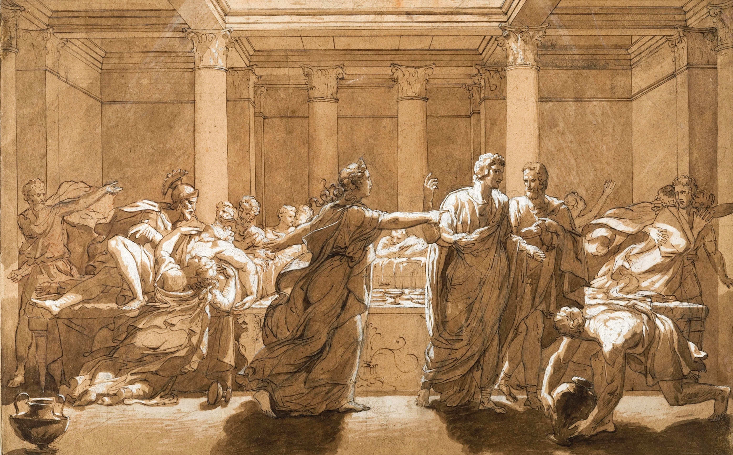 A drawing of many people in a room