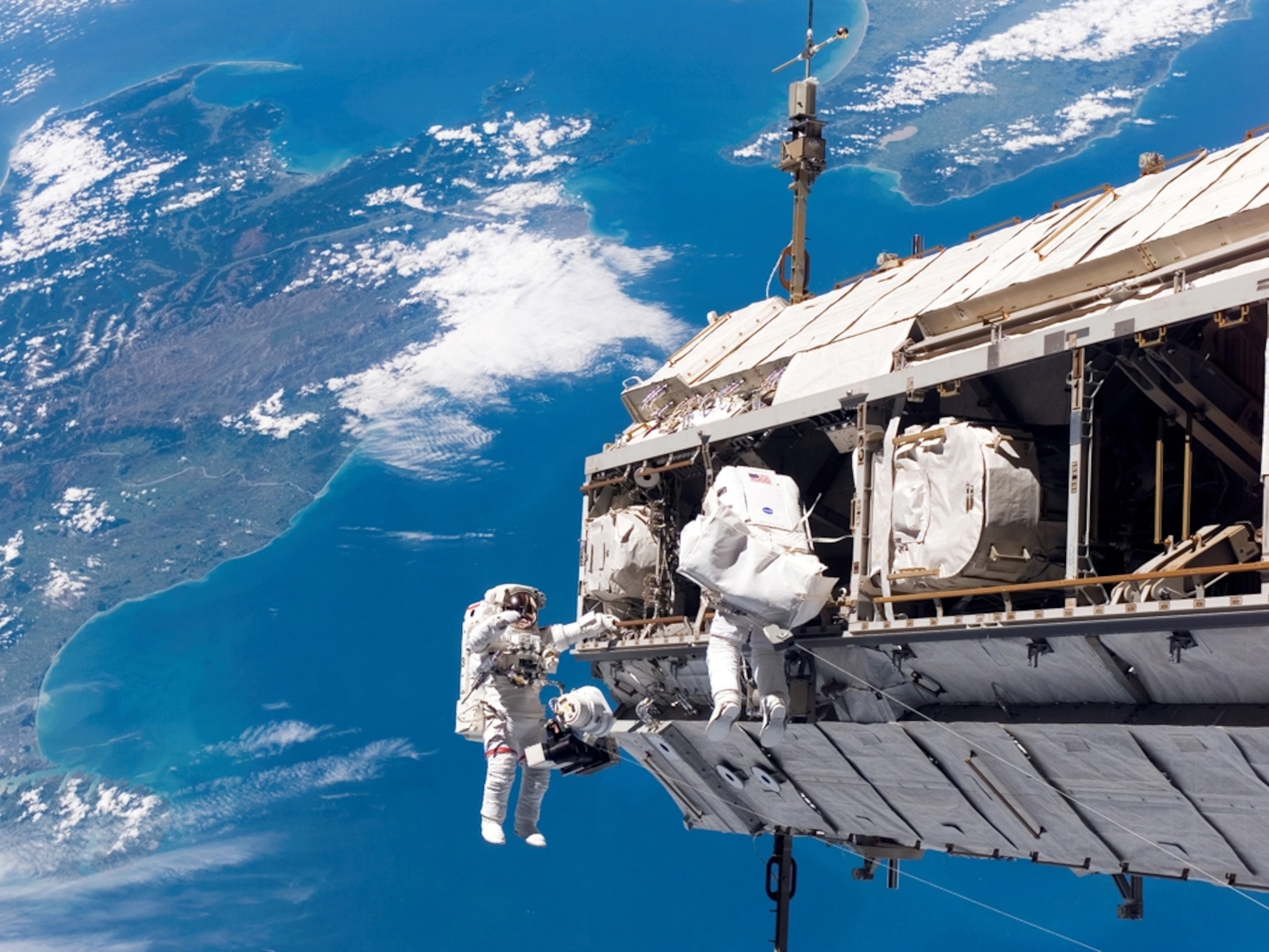 a spacewalk outside the International Space Station.