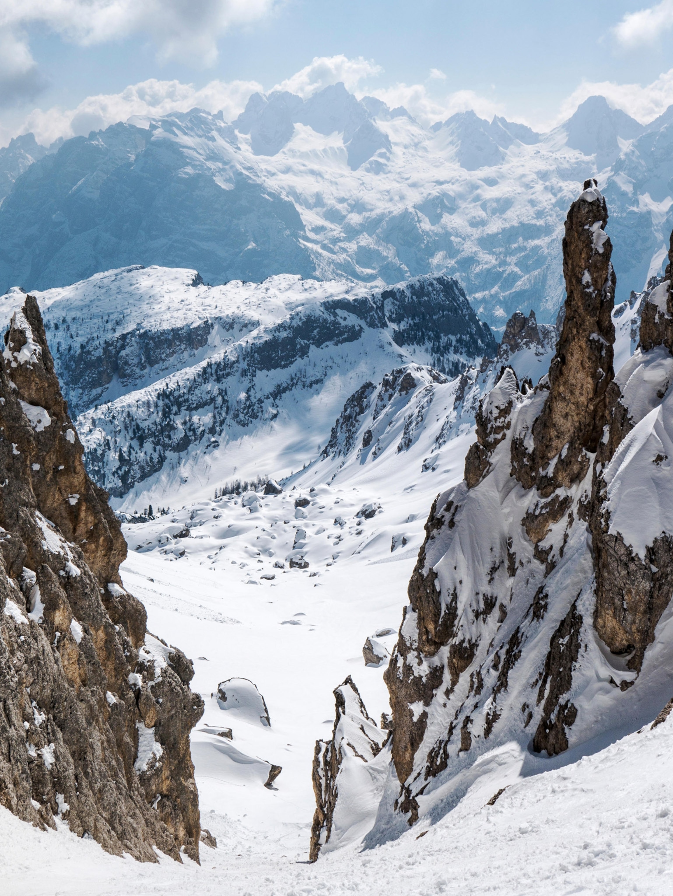 Alpine winter view of Dolomite Mountains, northeast of Cortina, Italy