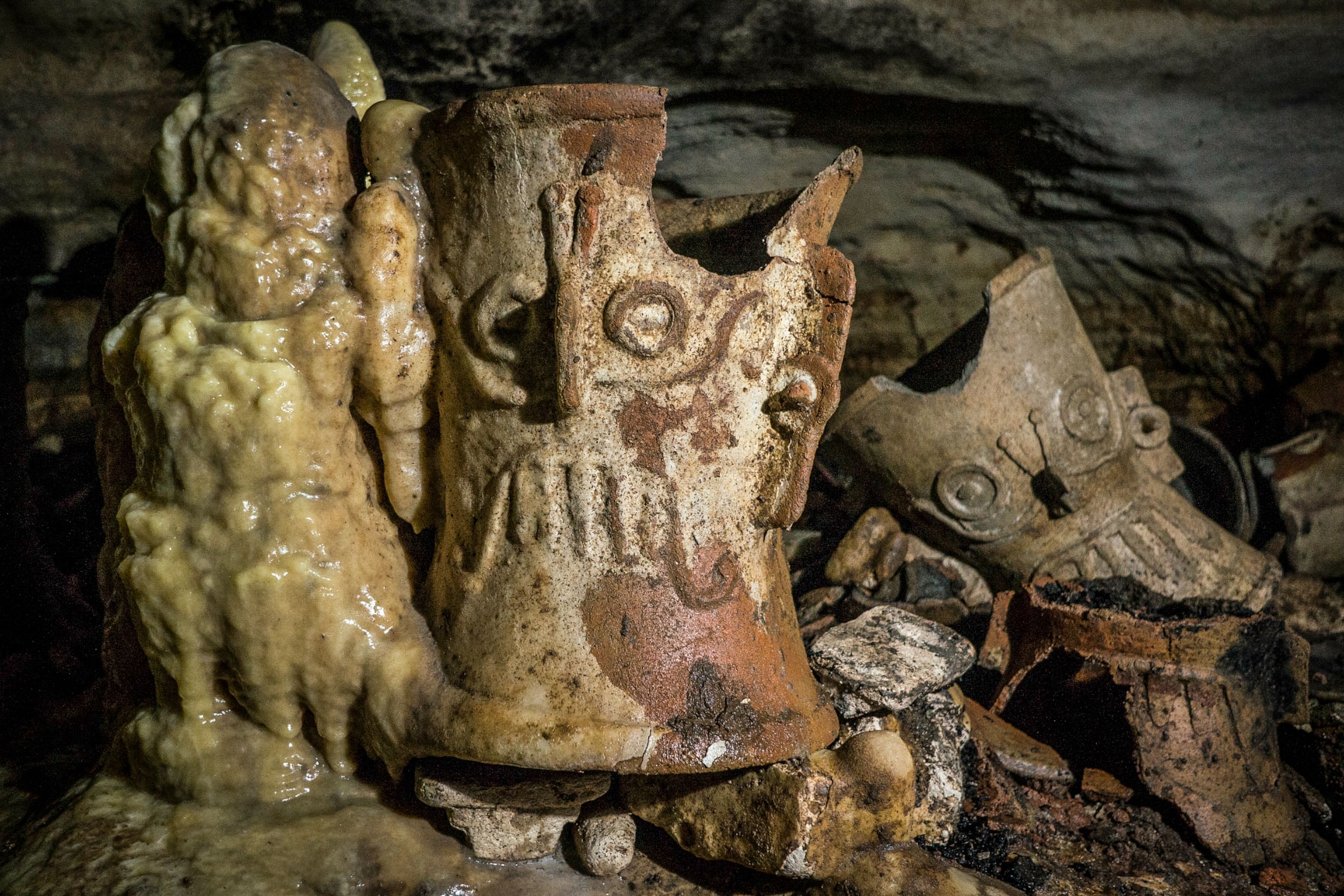 pots and vessels discovered in a cave in Mexico